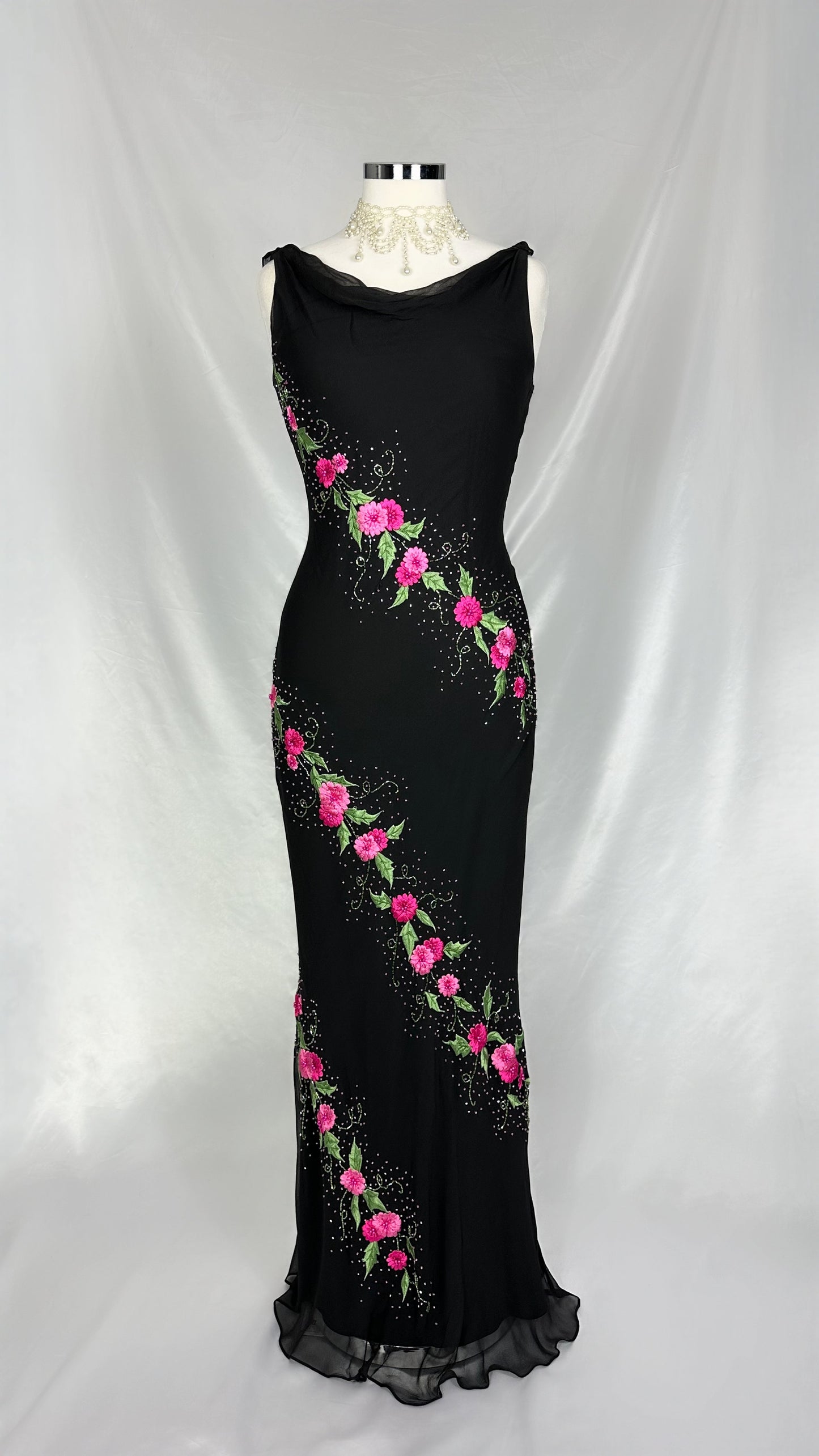 MIDNIGHT ROMANCE FLORAL BLACK SILK GOWN