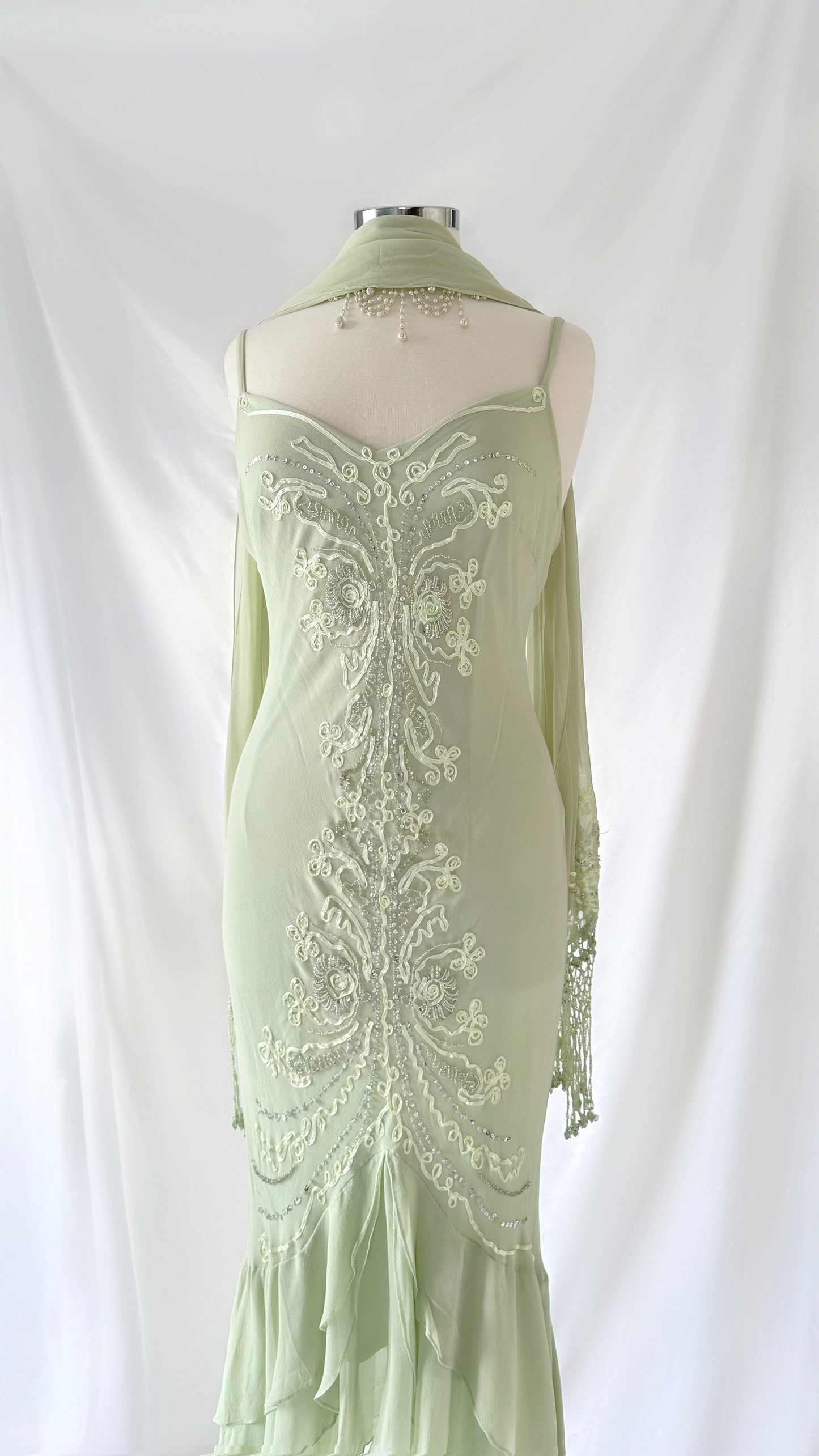 MINT RUFFLE ELEGANCE THREE TIER SILK MIDI DRESS & SCARF SET