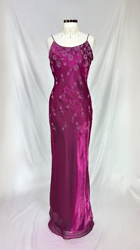 DARK FUCHSIA PINK IRIDESCENT FLOWER FALL MAXI DRESS