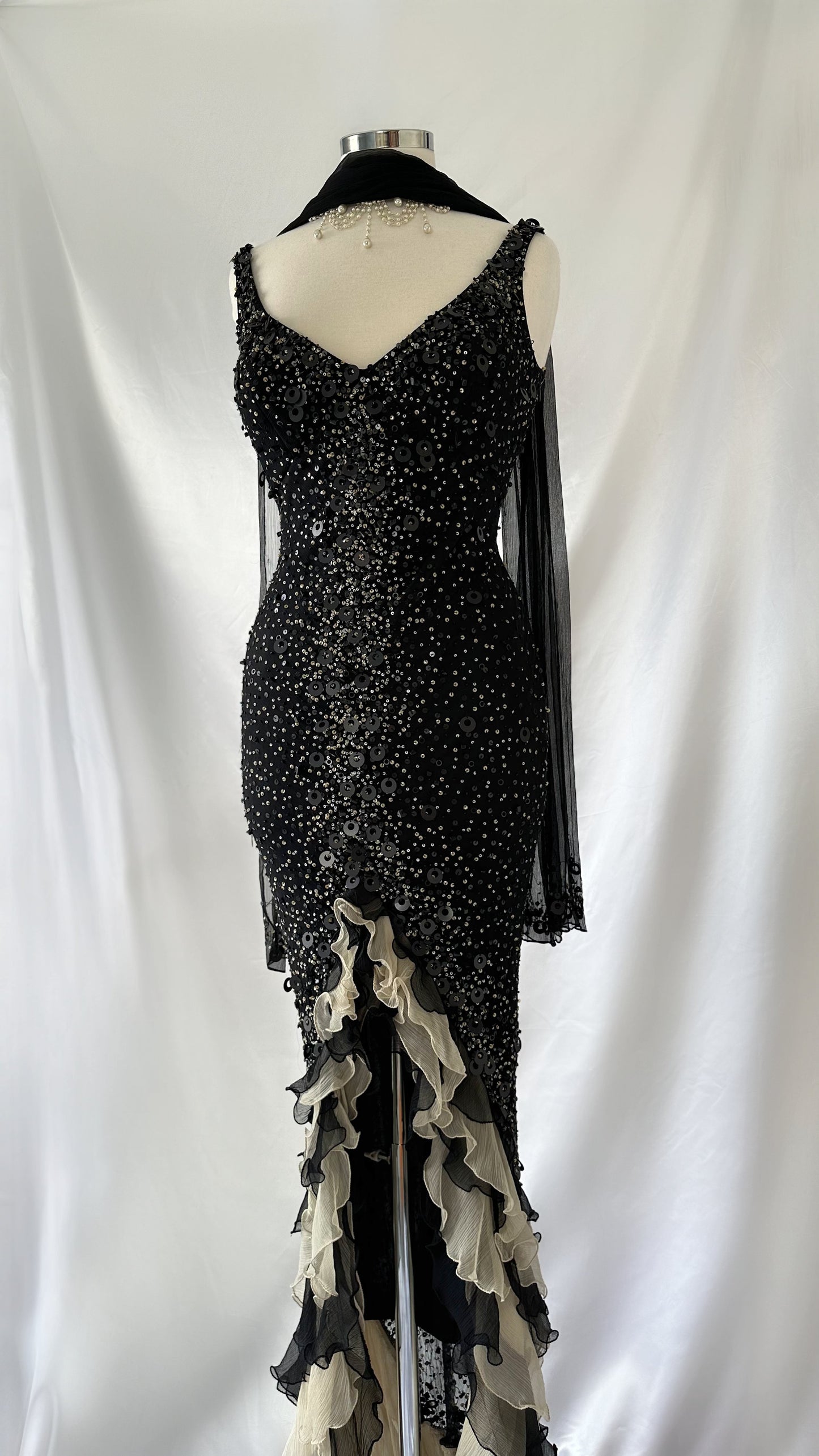 Gorgeous Vintage 90s French Ruffle Silk Embellished Dress With Matching Scarf