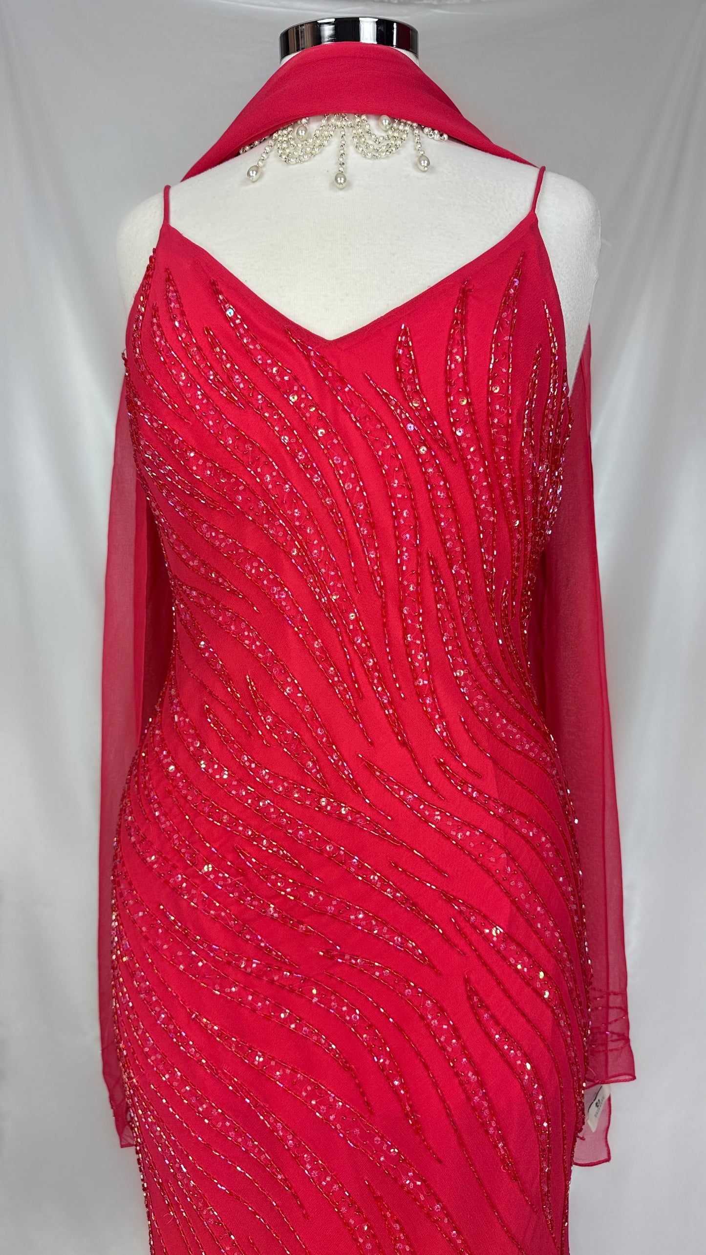 FLAMED ROSE RED EMBELLISHED GOWN & SCARF SEF