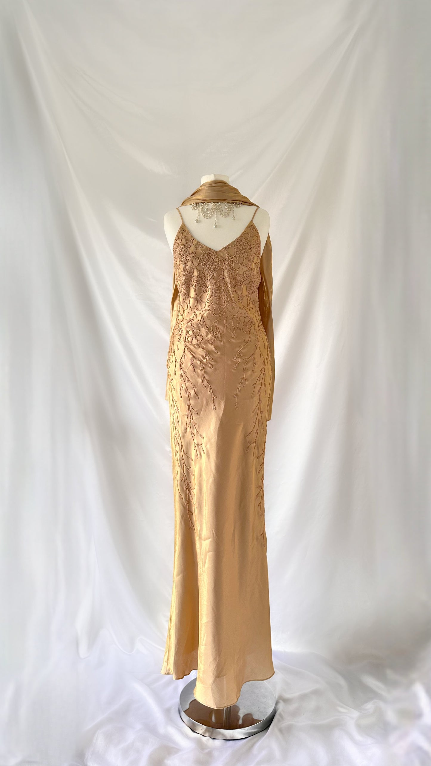 GOLD IRIDESCENT LEAF VINE EMBELLISHED MAXI DRESS & SCARF SET