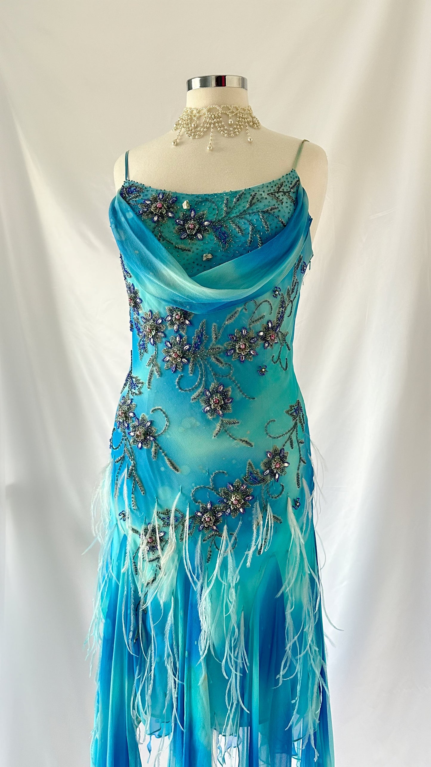 BLUE FEATHER FLORAL EMBELLISHED SILK MIDI DRESS