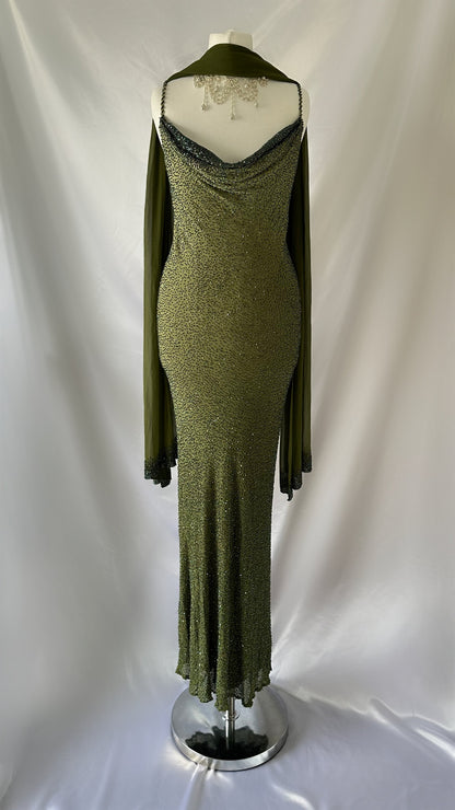 Enchanting Green Silk Highly Embellished Gown with Matching Shawl (S)