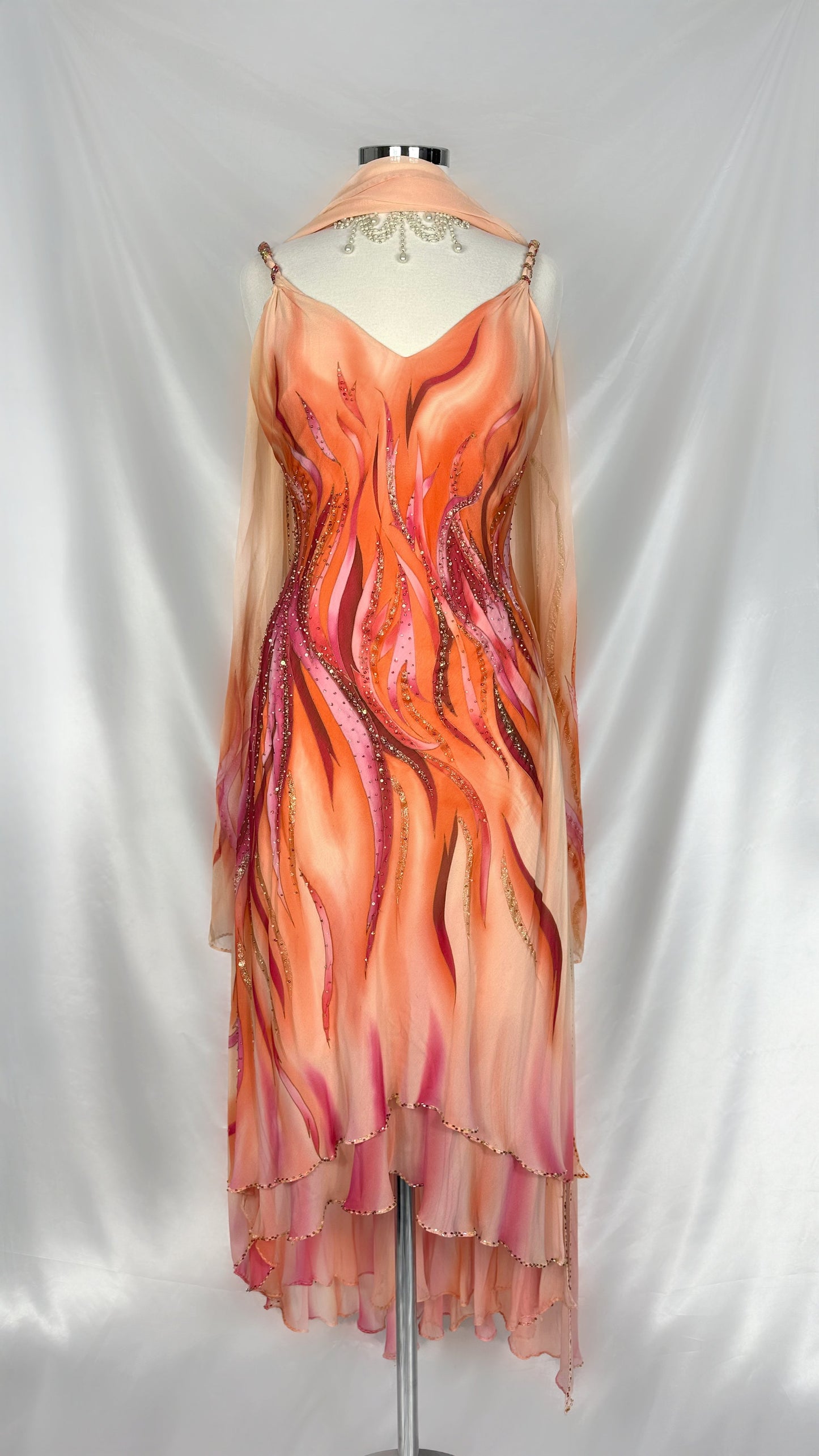 SUNSET FLAME EMBELLISHED SILK MIDI DRESS WITH MATCHING SCARF