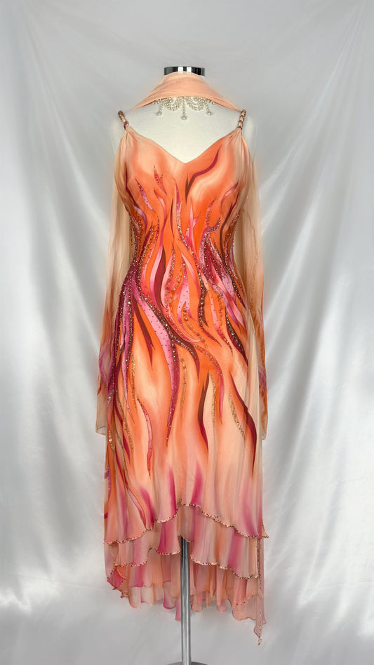 SUNSET FLAME EMBELLISHED SILK MIDI DRESS WITH MATCHING SCARF