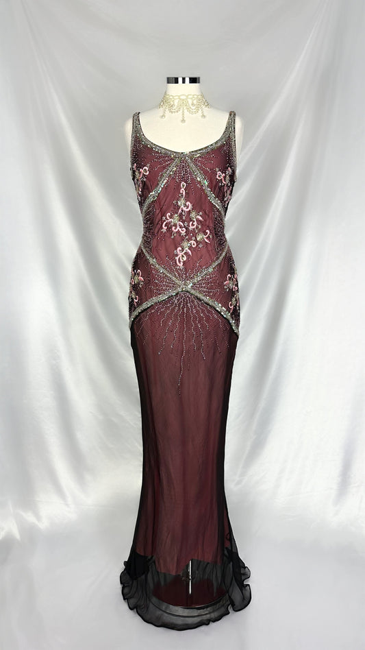 MAUVE FLORAL FIREWORK EMBELLISHED SILK GOWN