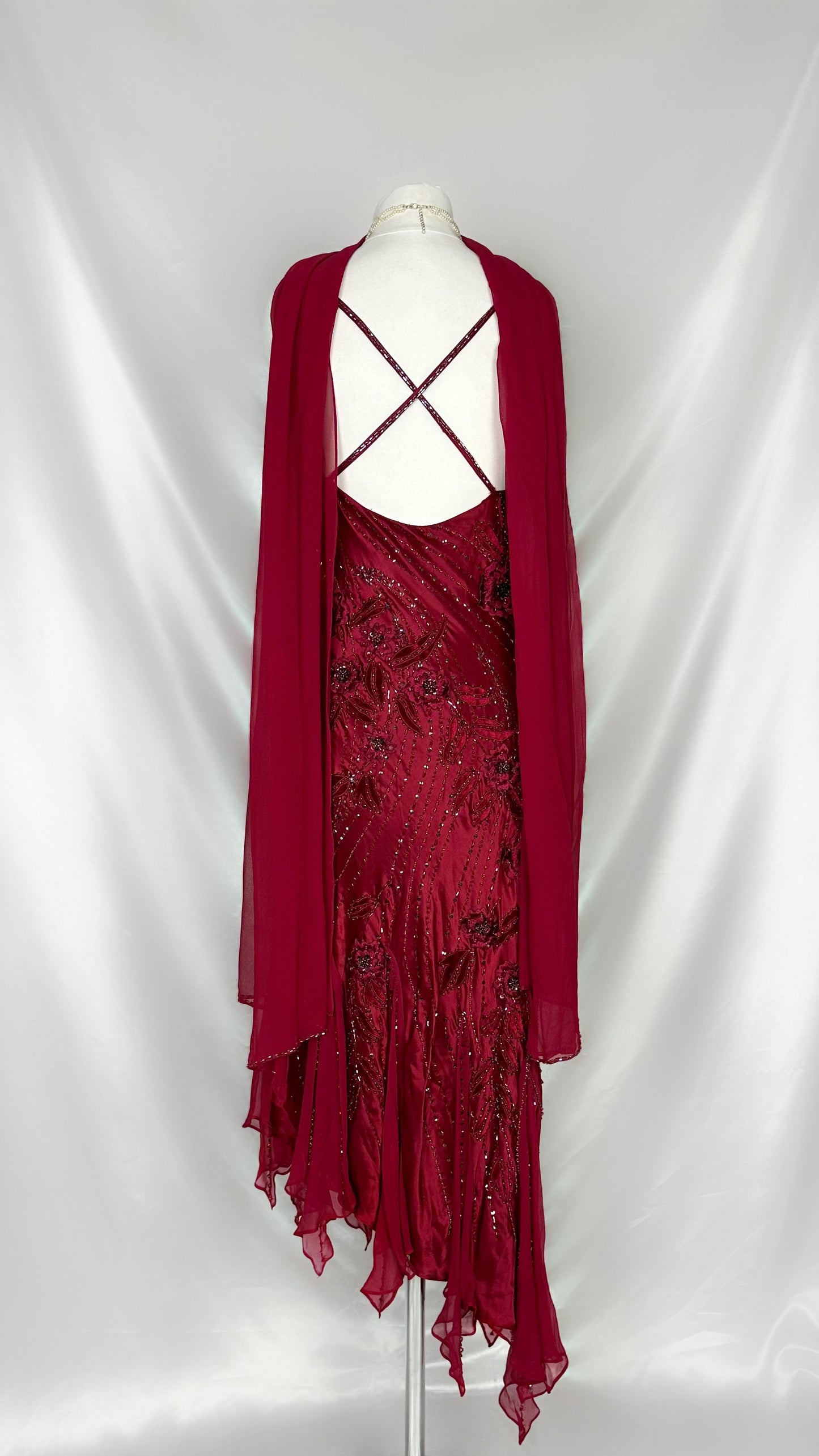 SCARLET ROSE SILK ASYMMETRICAL MIDI DRESS WITH MATCHING SCARF