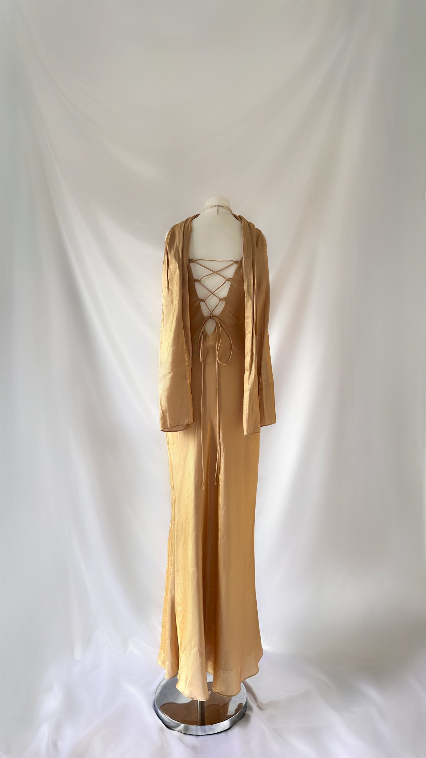 GOLD IRIDESCENT LEAF VINE EMBELLISHED MAXI DRESS & SCARF SET