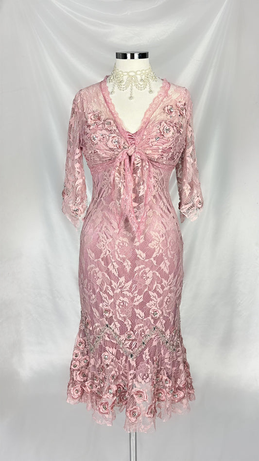 BLUSH PINK ROSE APPLIQUÉ LACE DRESS WITH MATCHING CARDIGAN