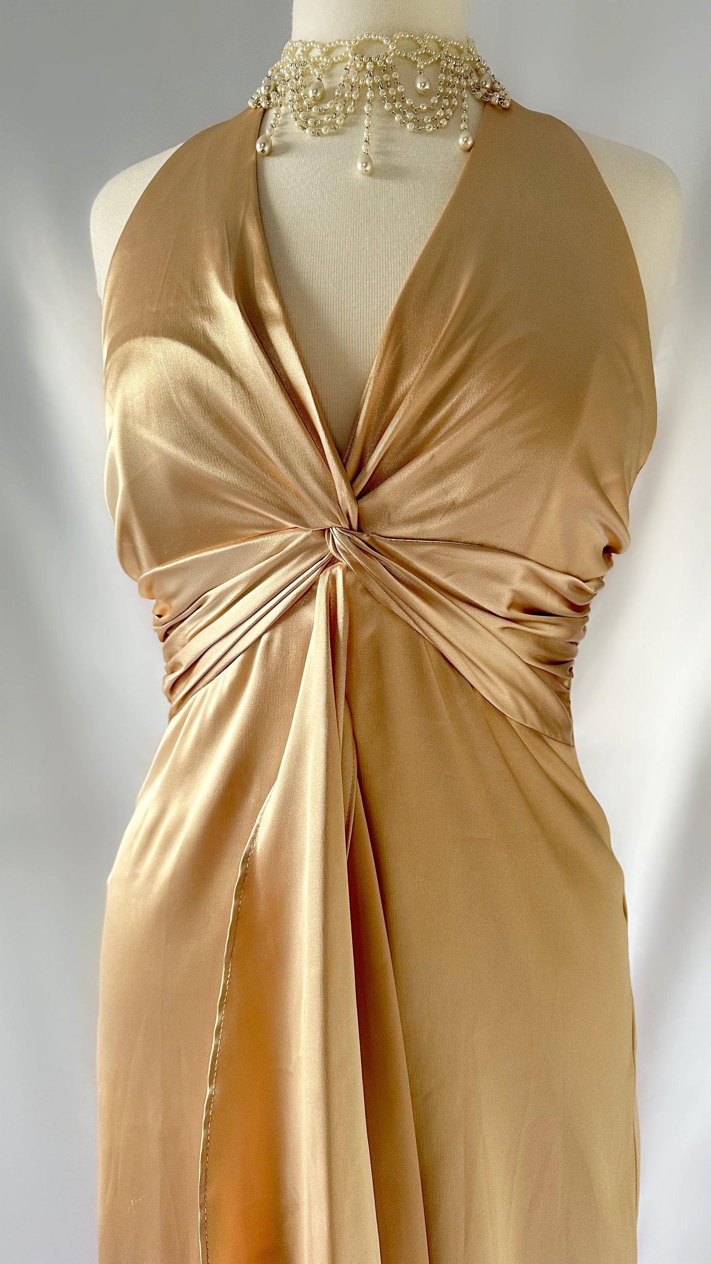 Elegant 90s Vintage Gold Halter Neck Twist Bust Maxi Dress