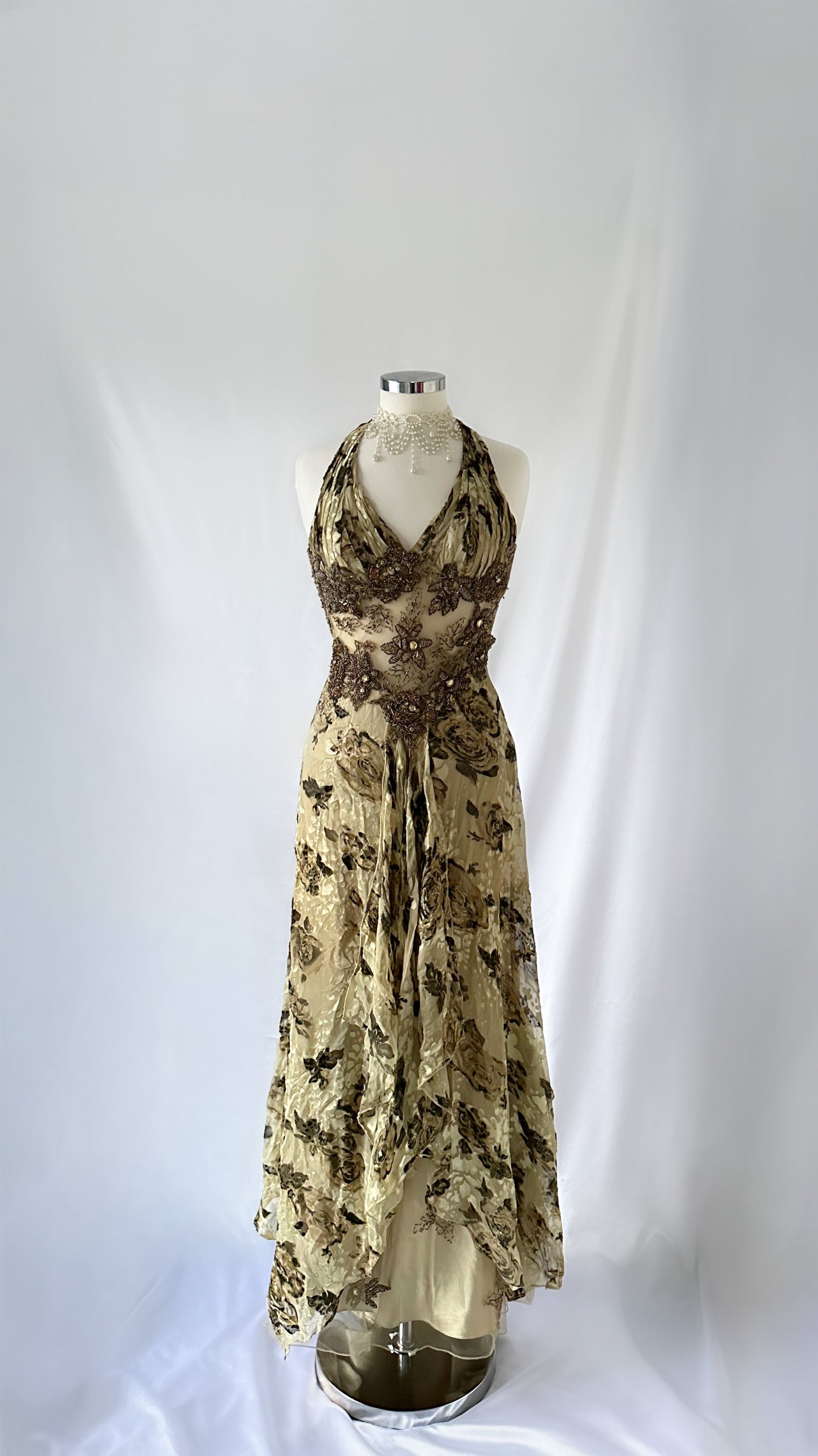 GOLDEN ROSE SILK DEVORE MESH WAIST EMBELLISHED GOWN