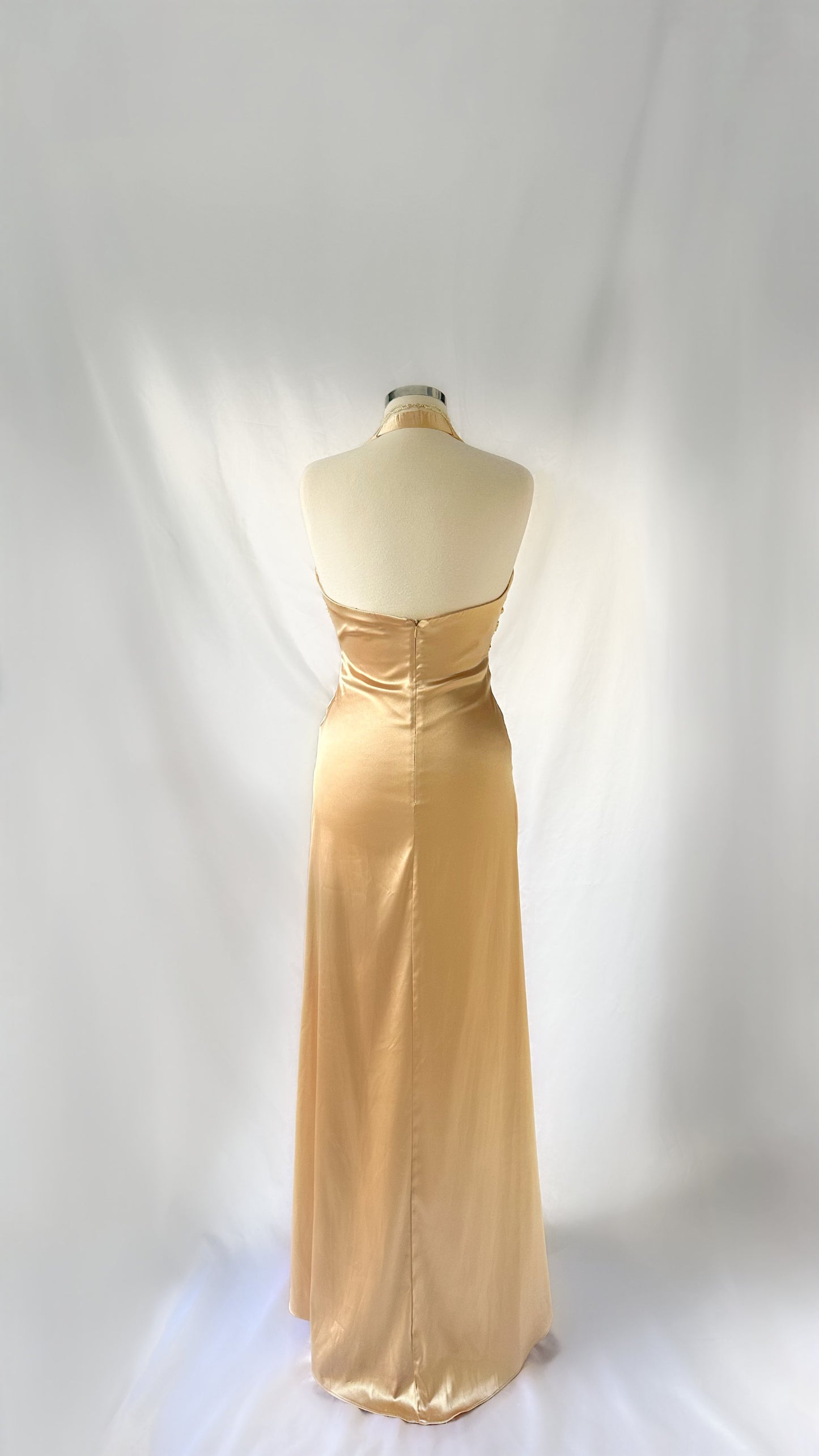 Elegant 90s Vintage Gold Halter Neck Twist Bust Maxi Dress