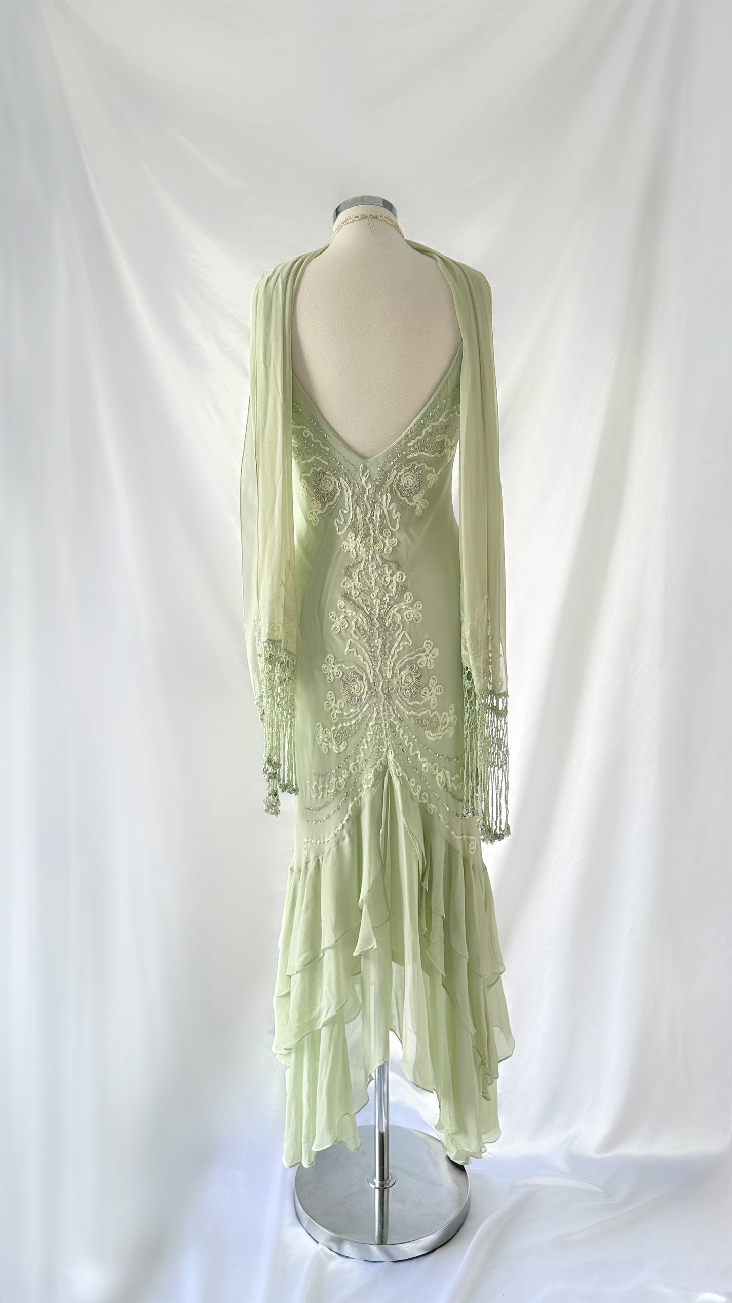 MINT RUFFLE ELEGANCE THREE TIER SILK MIDI DRESS & SCARF SET