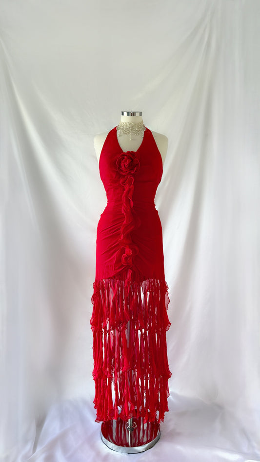 Absolutely Beautiful Vintage Silk Red Rose Ruffle Jellyfish Dress
