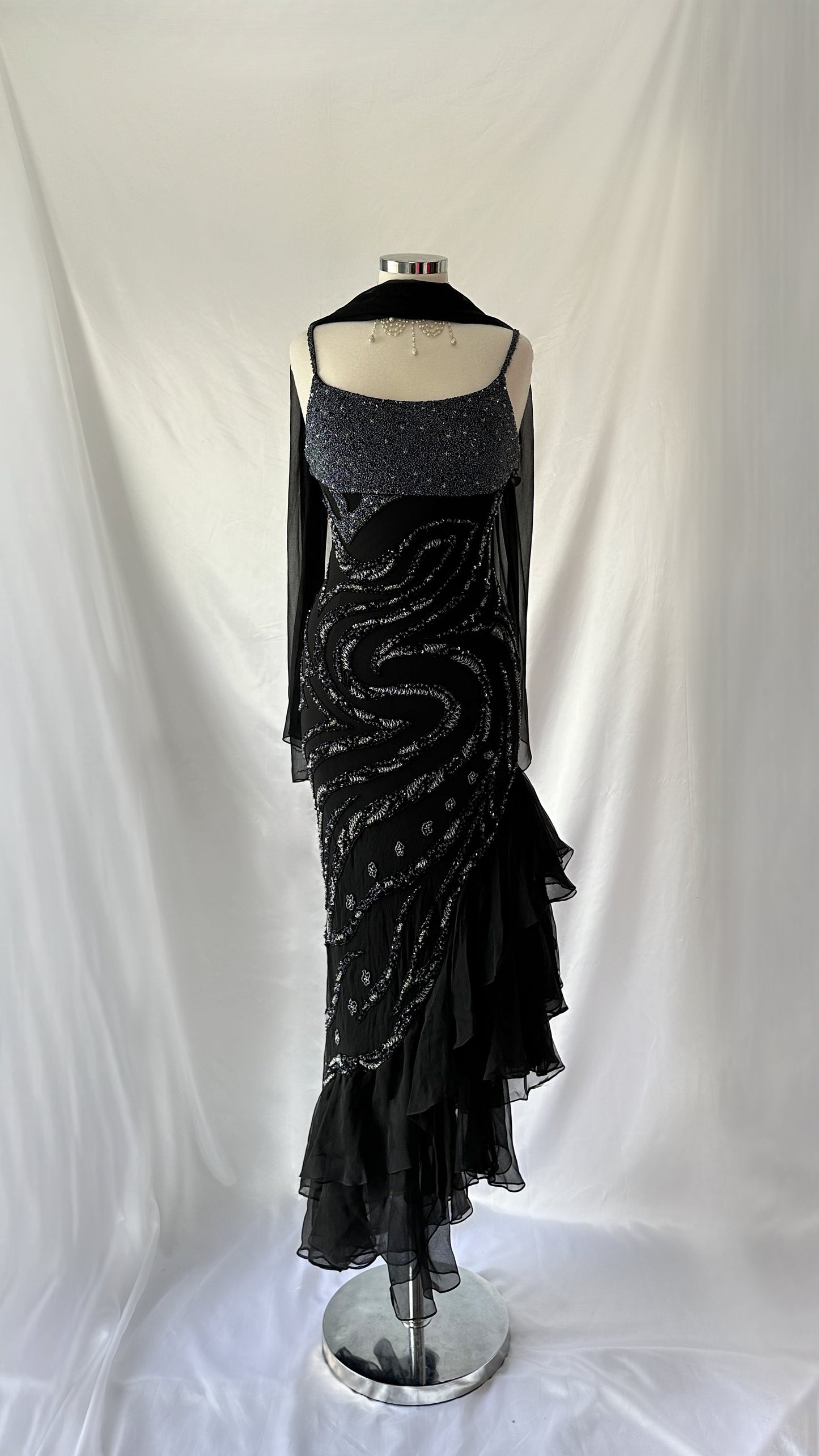 Whimsical 90s Embellished Swirl & Ruffle Midaxi Dress & Scarf Set