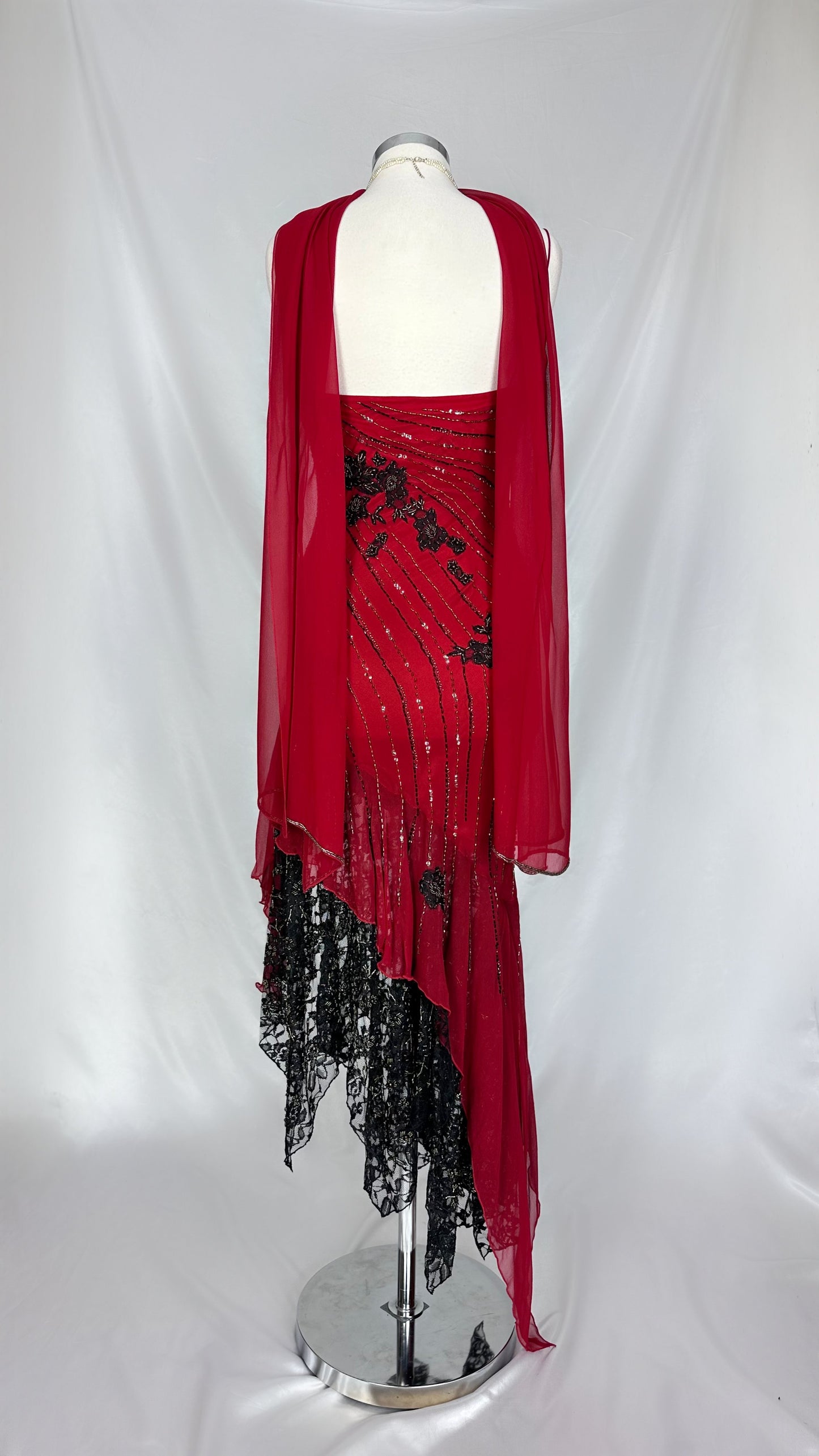 SCARLET & NOIR FLORAL EMBELLISHED SILK MIDAXI DRESS WITH MATCHING SCARF