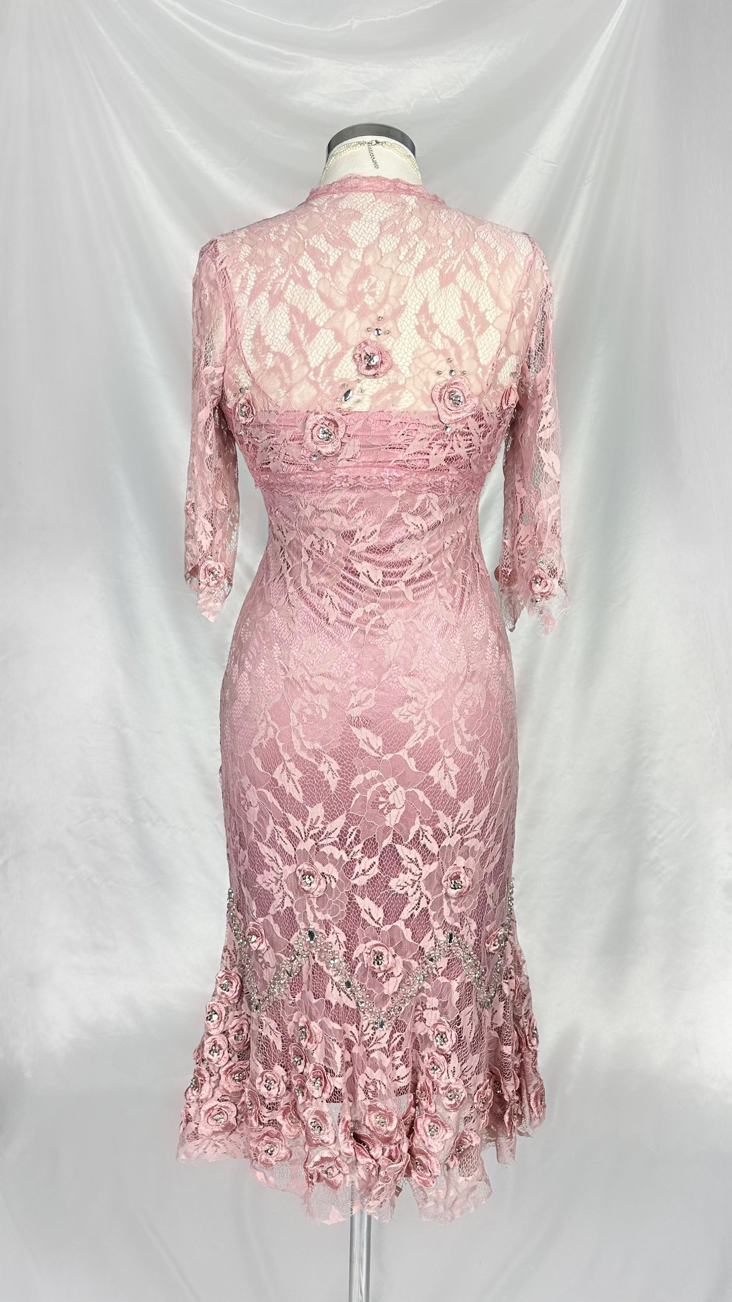 BLUSH PINK ROSE APPLIQUÉ LACE DRESS WITH MATCHING CARDIGAN