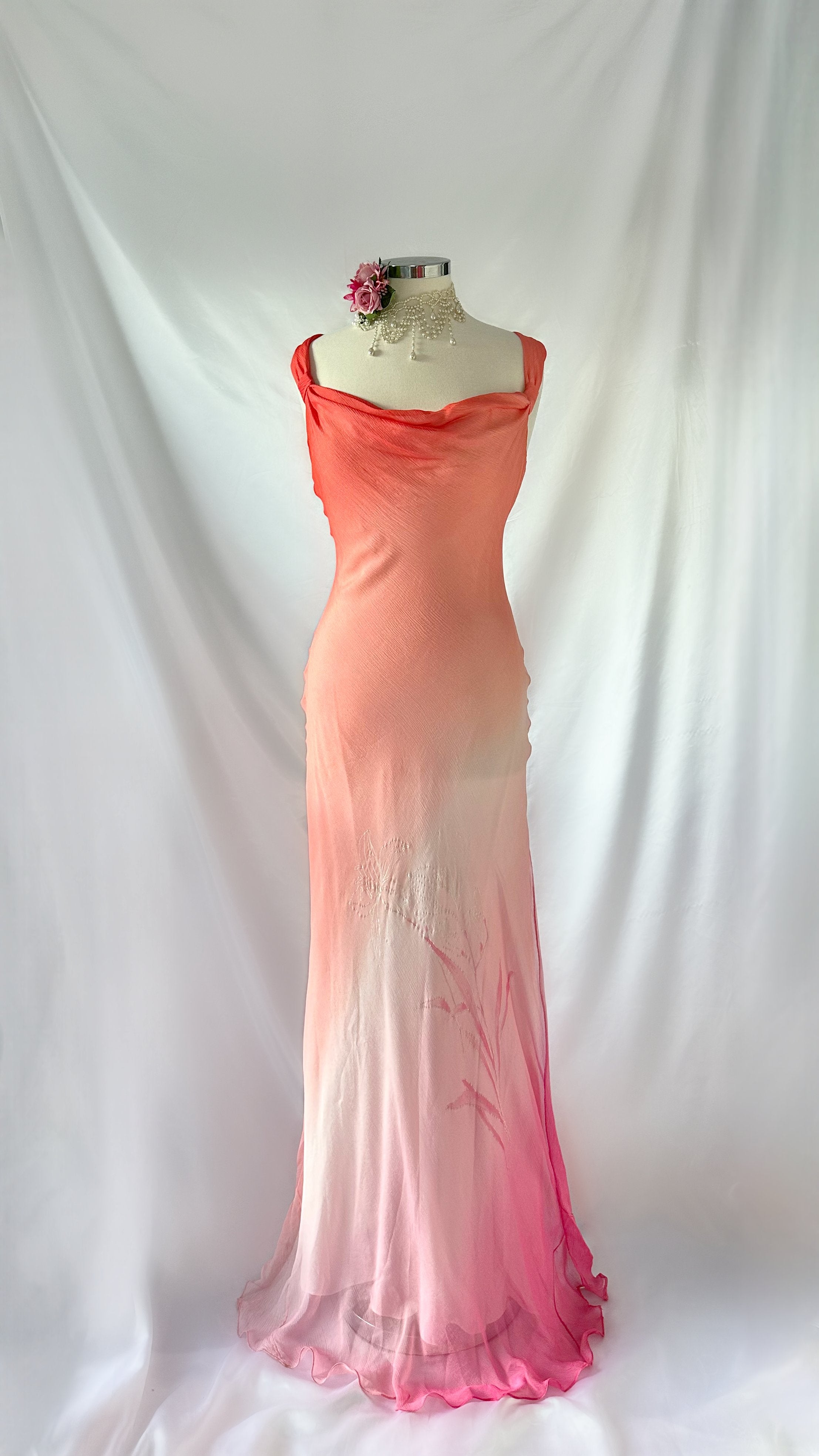 SUNSET PEACH OMBRE FLORAL SILK GOWN