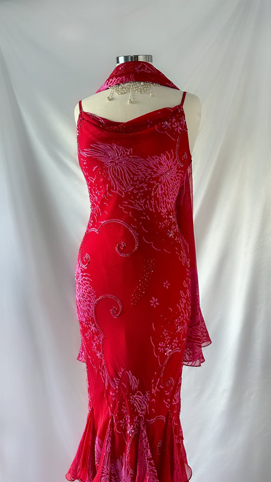 Stunning Vintage Floral Embellished Cherry Red & Pink Silk Ruffle Dress Set