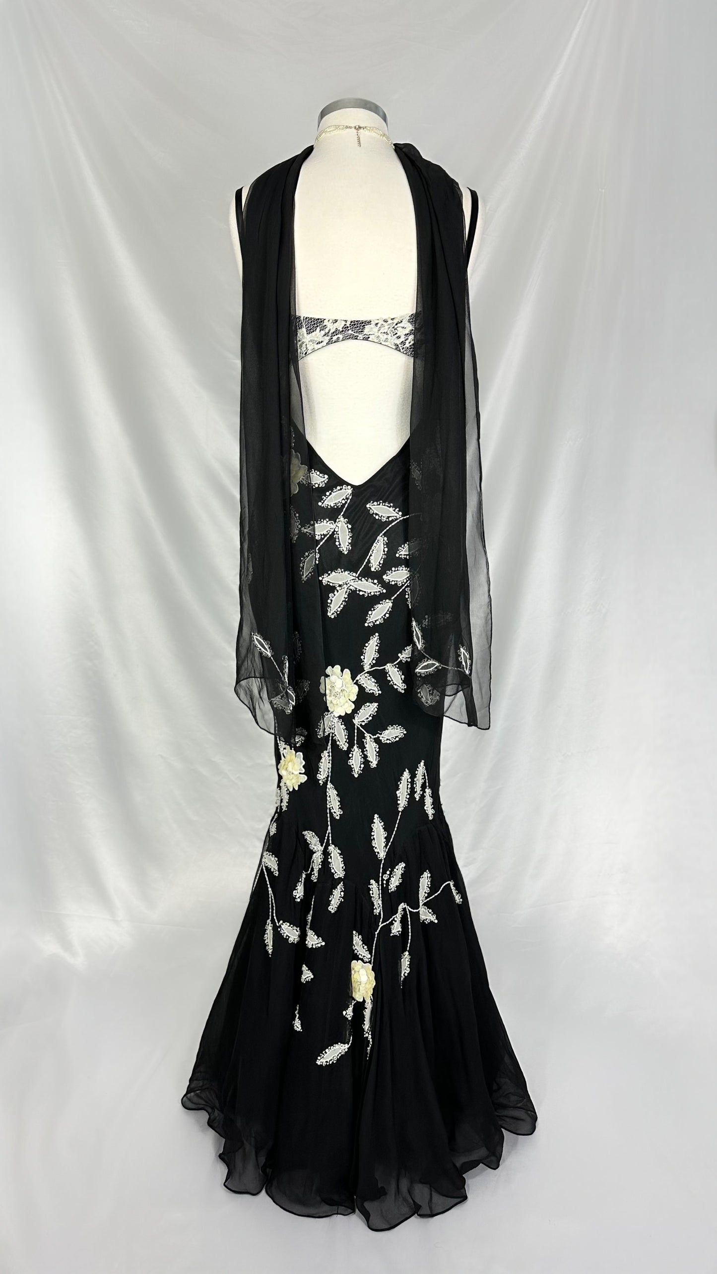 ELEGANCE IN BLOOM BLACK SILK GOWN WITH MATCHING SCARF