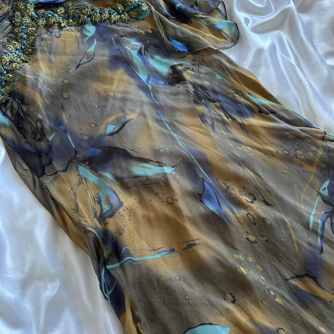 Stunning Vintage Silk Oil Painting Ochre & Blue Embellished Gown With Matching Scarf