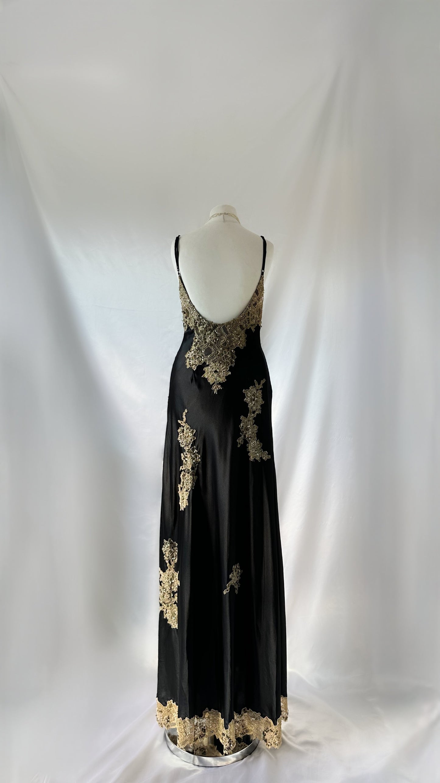 90s Hollywood Night Glamour Vintage Noir Cream Lace Slit Gown