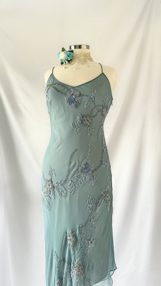Blue Tropics 90s Warm Baby Blue Asymmetrical Silk Beaded Dress