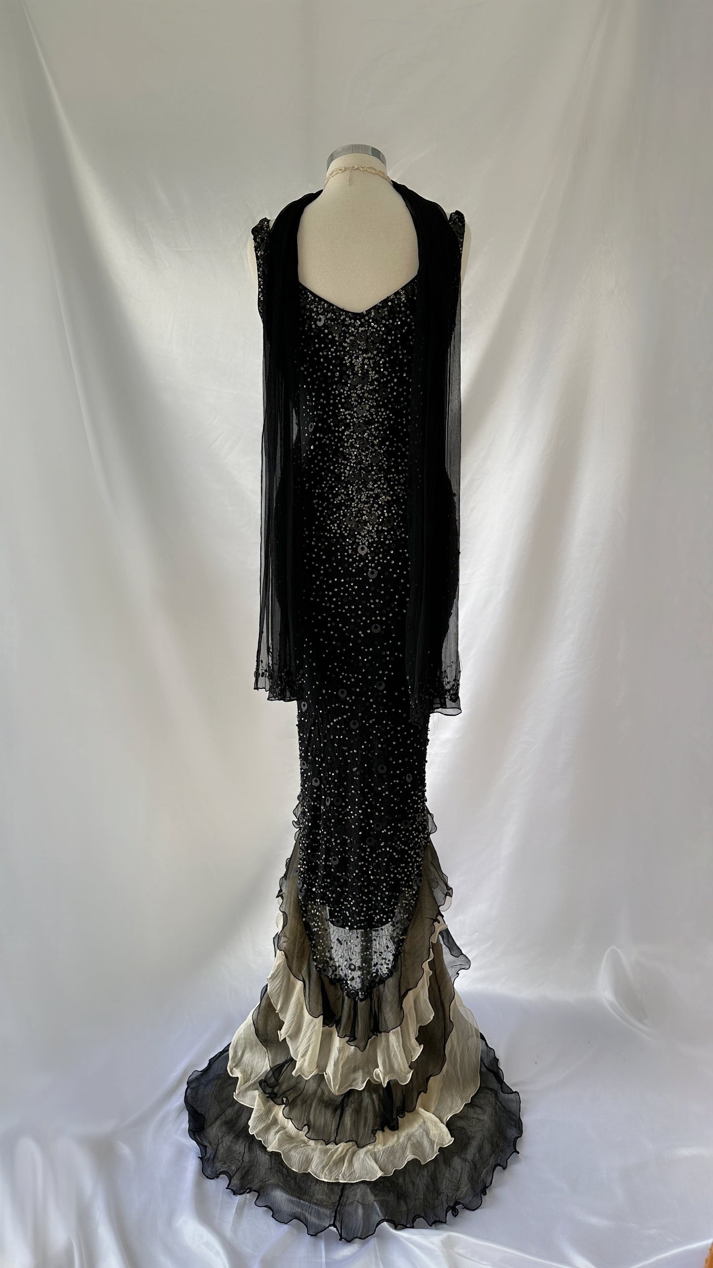 Gorgeous Vintage 90s French Ruffle Silk Embellished Dress With Matching Scarf