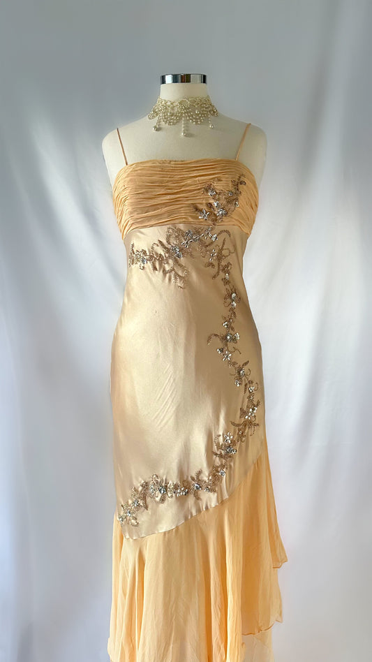 Fairy Champagne Gold Embellished Floral Diamanté Asymmetrical Midi Dress