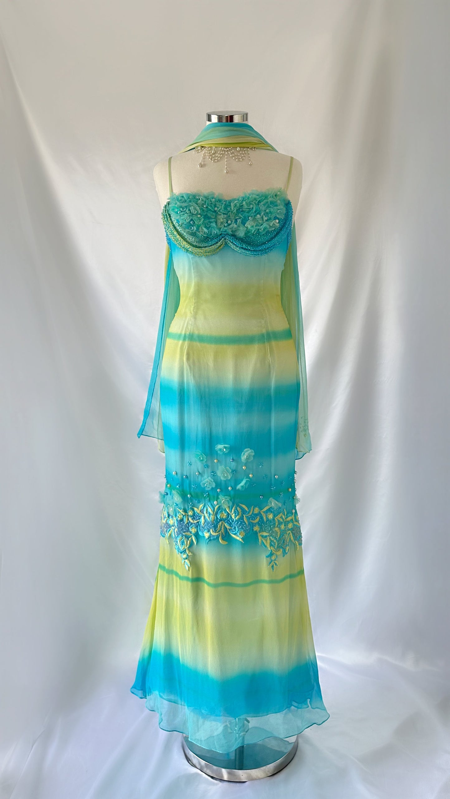 Paradise Dream Vintage Blue & Yellow Ombre Embellished Silk Gown Set