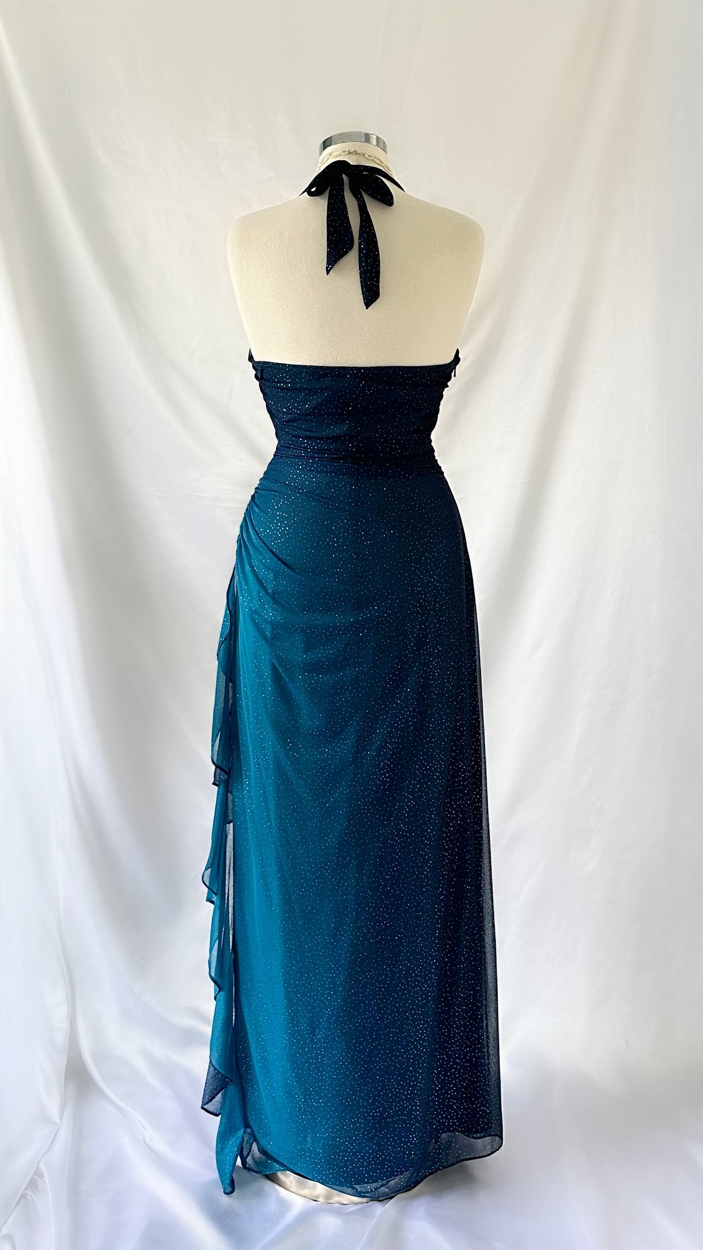 TURQUOISE MIDNIGHT SHIMMER OMBRÉ HALTER GOWN