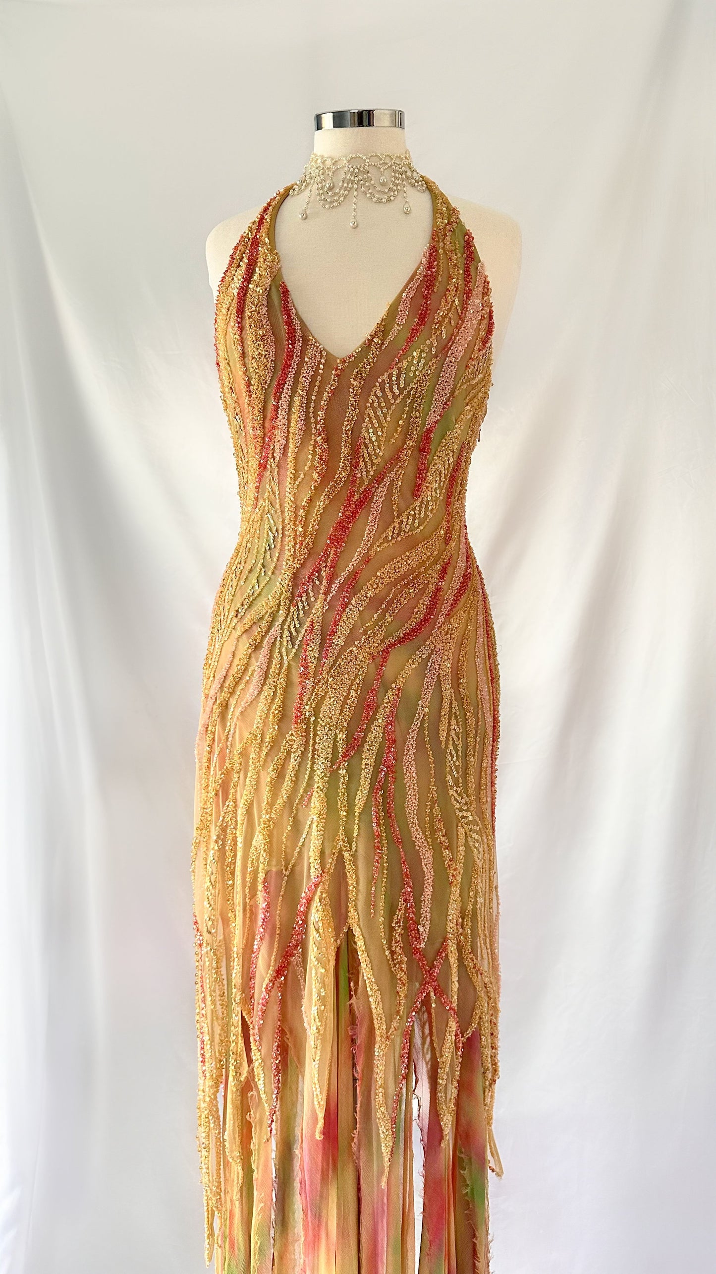 Sea Siren Gold, Red & Green Silk Jellyfish Embellished Halter Gown