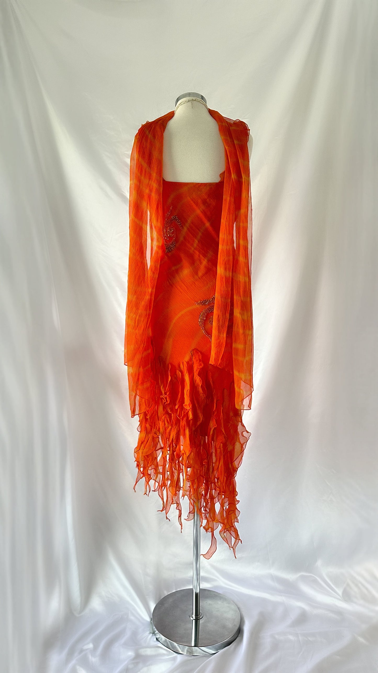 Feiry Flame Orange Silk Embellished Ruffle Dress & Scarf Set