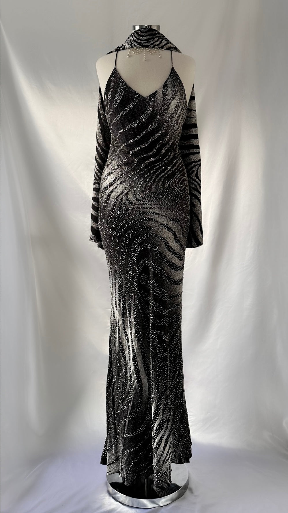 Vintage Embellished Grey & Black Zebra Print Silk Dress