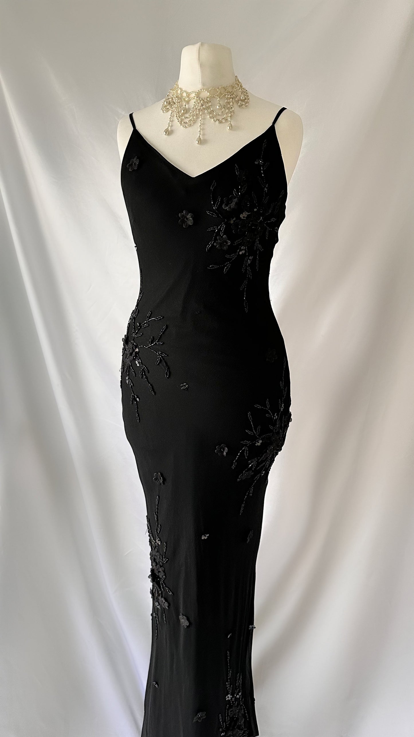 Noir Elegance Vintage Black Silk Beaded Floral Appliqué Maxi Dress
