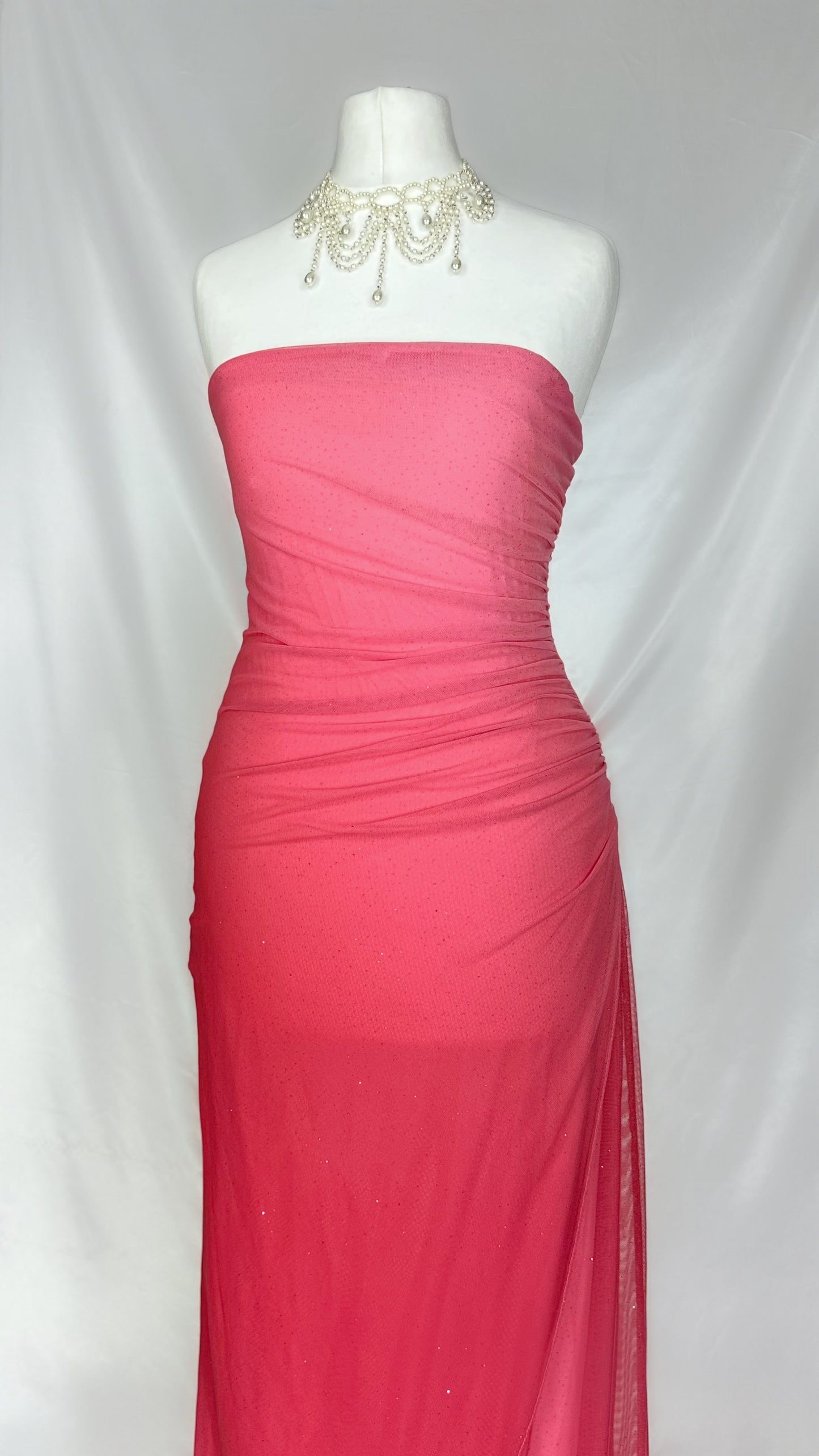 SUNSET PEACH PINK OMBRÉ STRAPLESS SHIMMERY MAXI DRESS