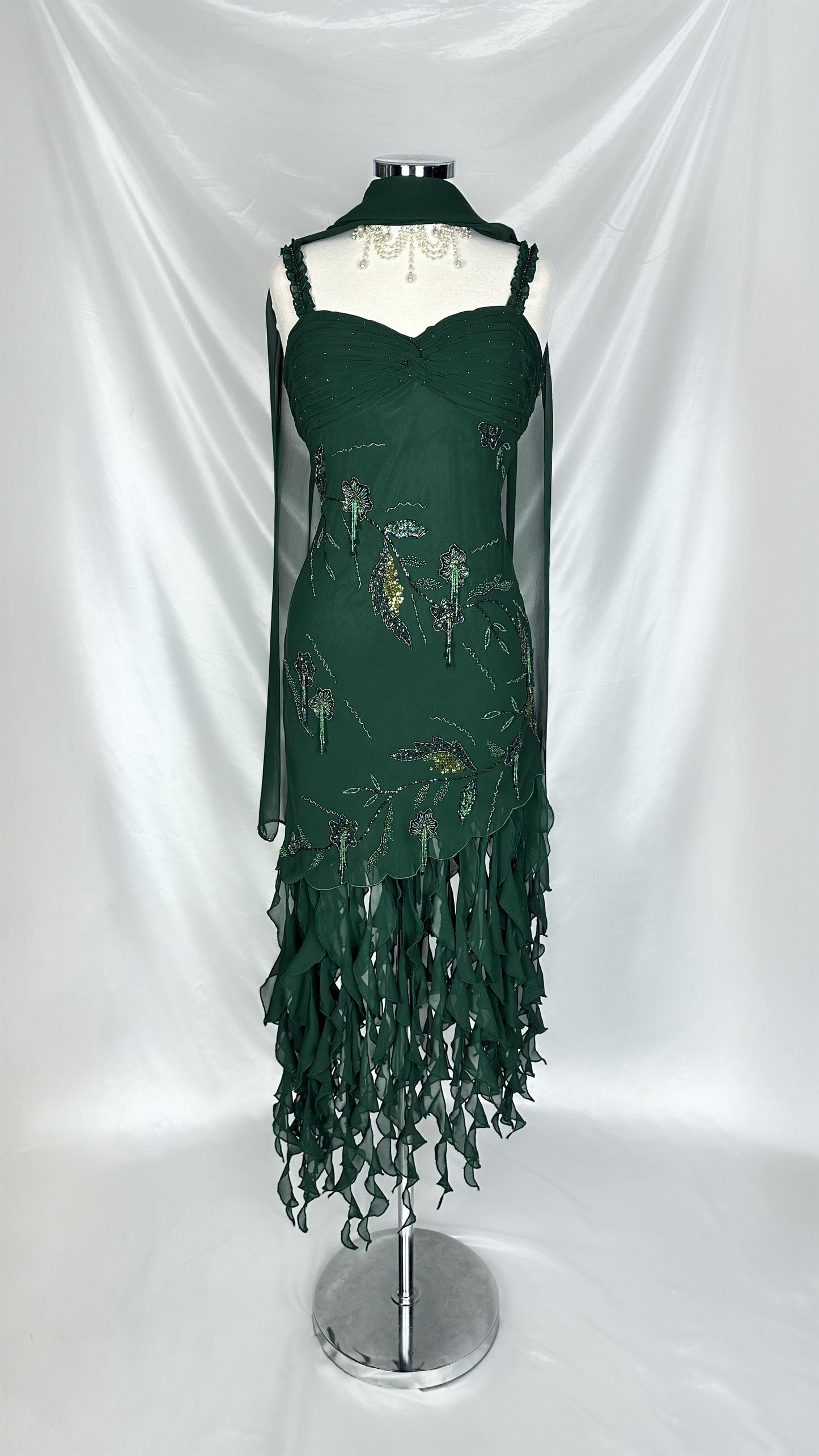 DARK EMERALD EMBELLISHED RUFFLE DRESS WITH MATCHING SCARF