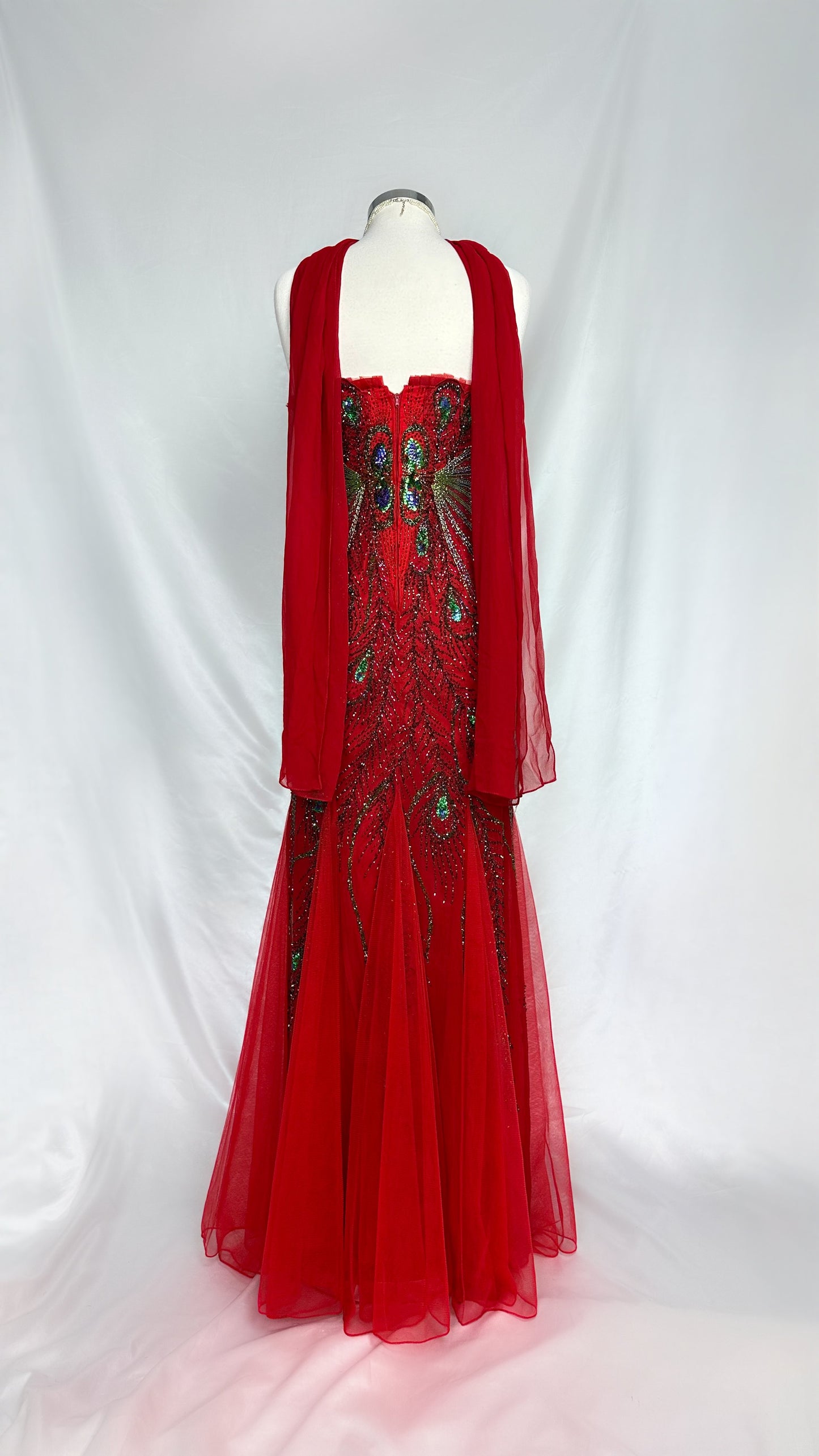 RUBY EMBELLISHED PEACOCK SILK STRAPLESS GOWN WITH MATCHING SCARF