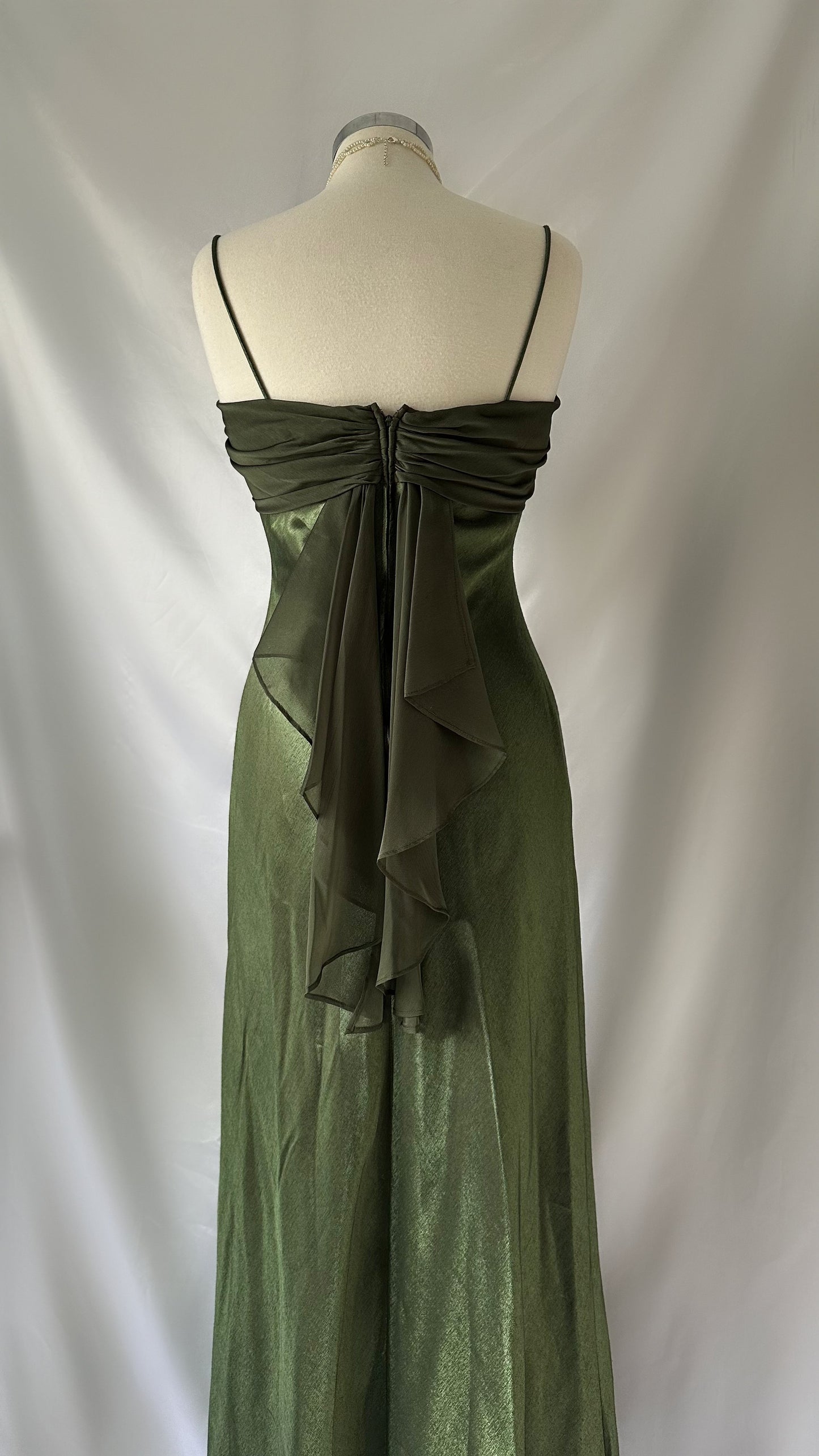 Iridescent Moss Green Vintage 00s Mesh Cowl Maxi Dress
