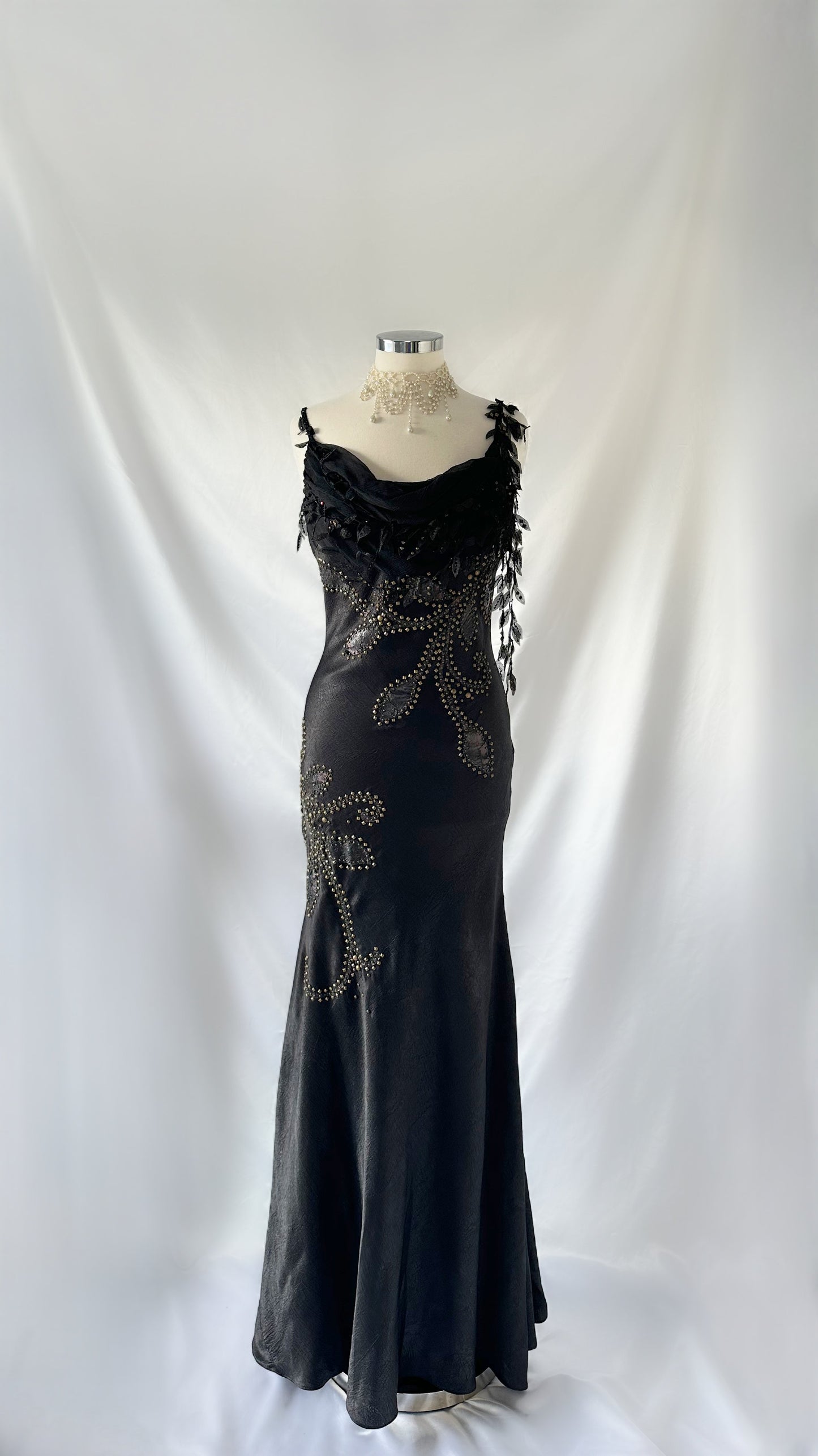 Grunge 90s Vintage Leaf Vine Appliqué Studded Gown