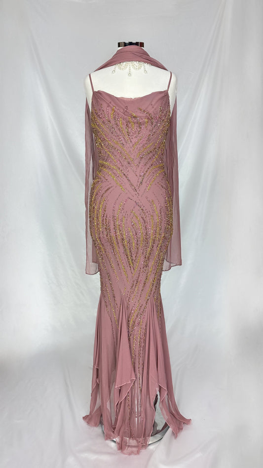 MUTED BLUSH MAUVE EMBELLISHED SILK GOWN & MATCHING SCARF SET