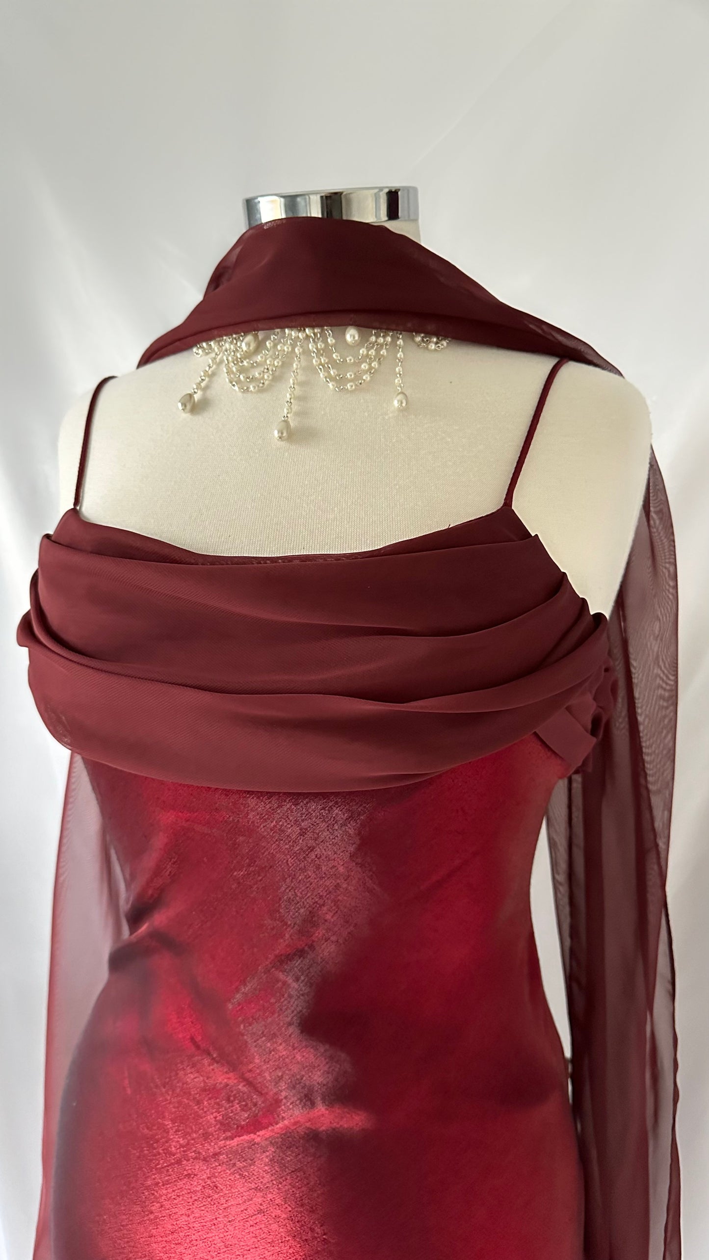 Captivating Iridescent Red Wine Cowl Mesh Maxi Dress Set