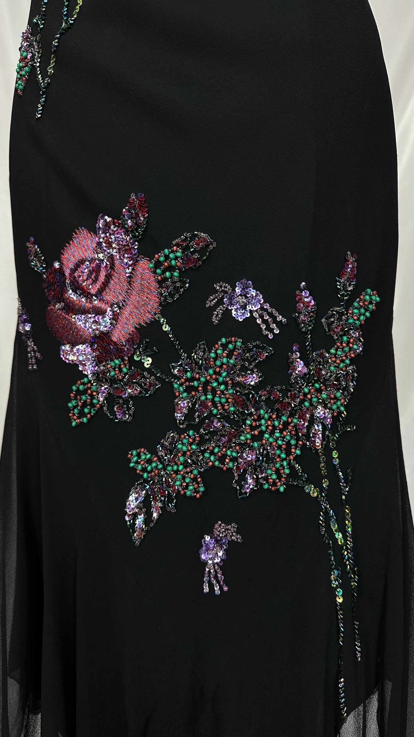 DARK FAIRY FLORAL EMBELLISHED BLACK MIDI SILK DRESS