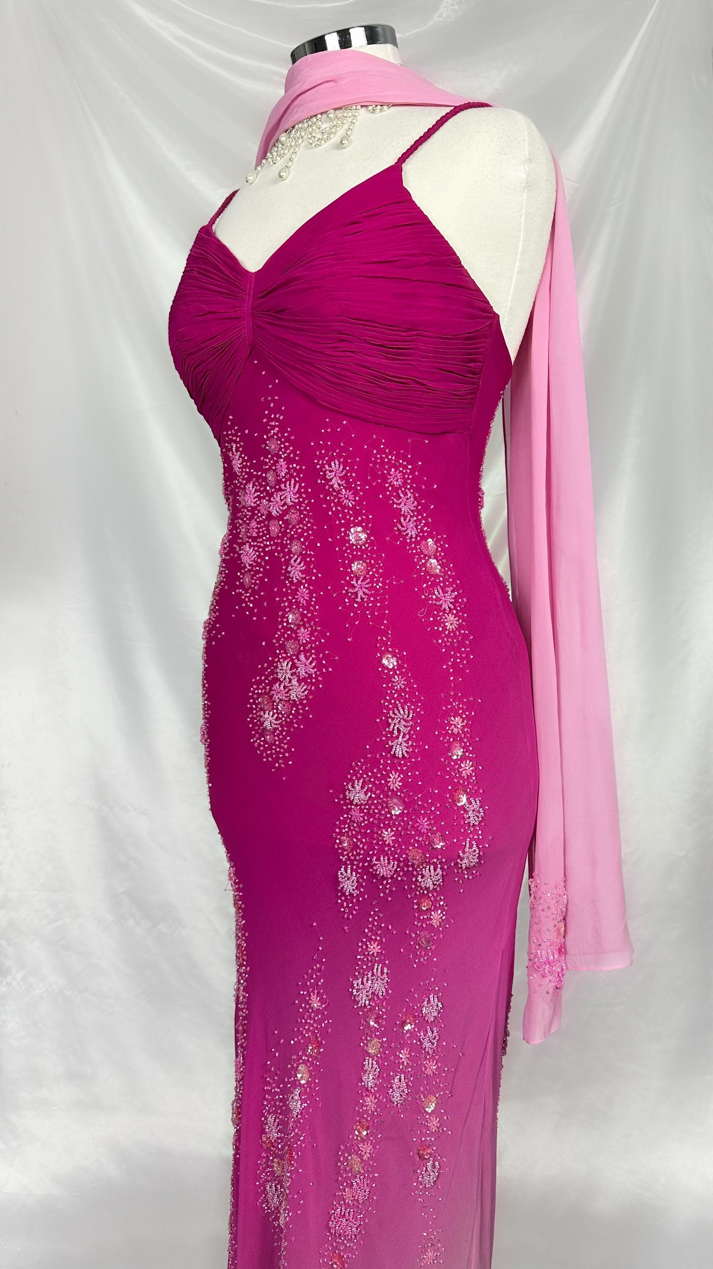 FUCHSIA BLOSSOMS EMBELLISHED SILK GOWN WITH MATCHING SCARF