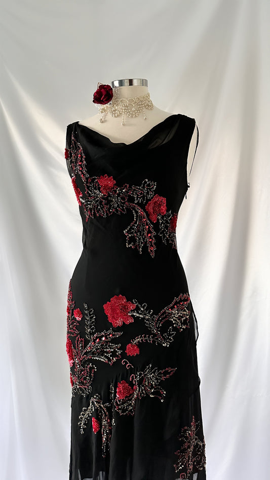 Beautiful 90s Cowl Neck Sequin Rose Embellished Midi Dress