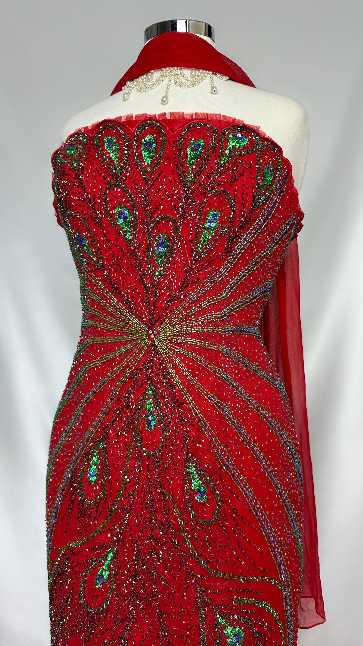 RUBY EMBELLISHED PEACOCK SILK STRAPLESS GOWN WITH MATCHING SCARF