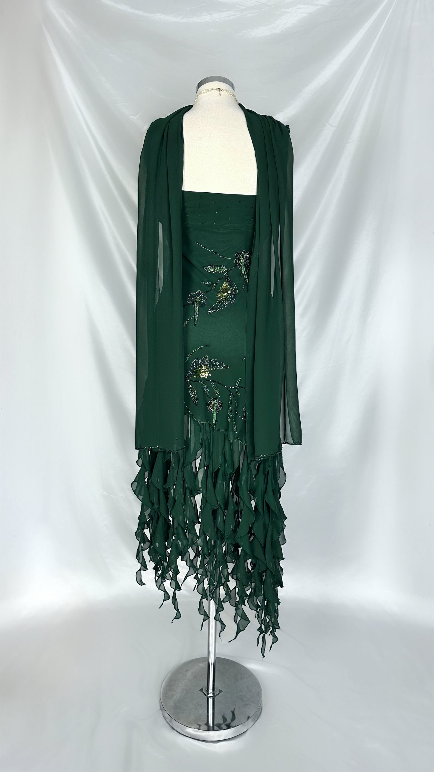 DARK EMERALD EMBELLISHED RUFFLE DRESS WITH MATCHING SCARF