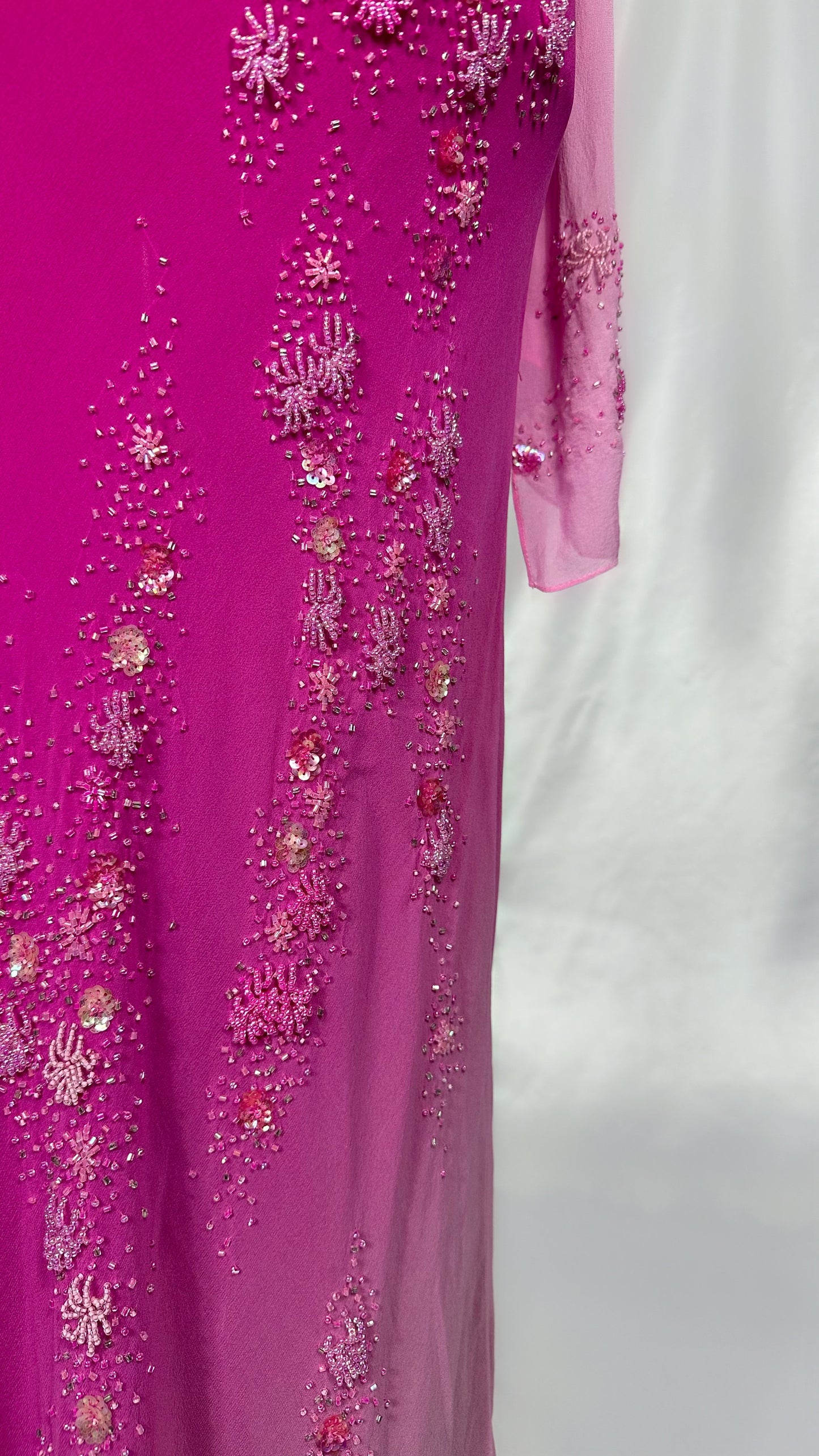 FUCHSIA BLOSSOMS EMBELLISHED SILK GOWN WITH MATCHING SCARF