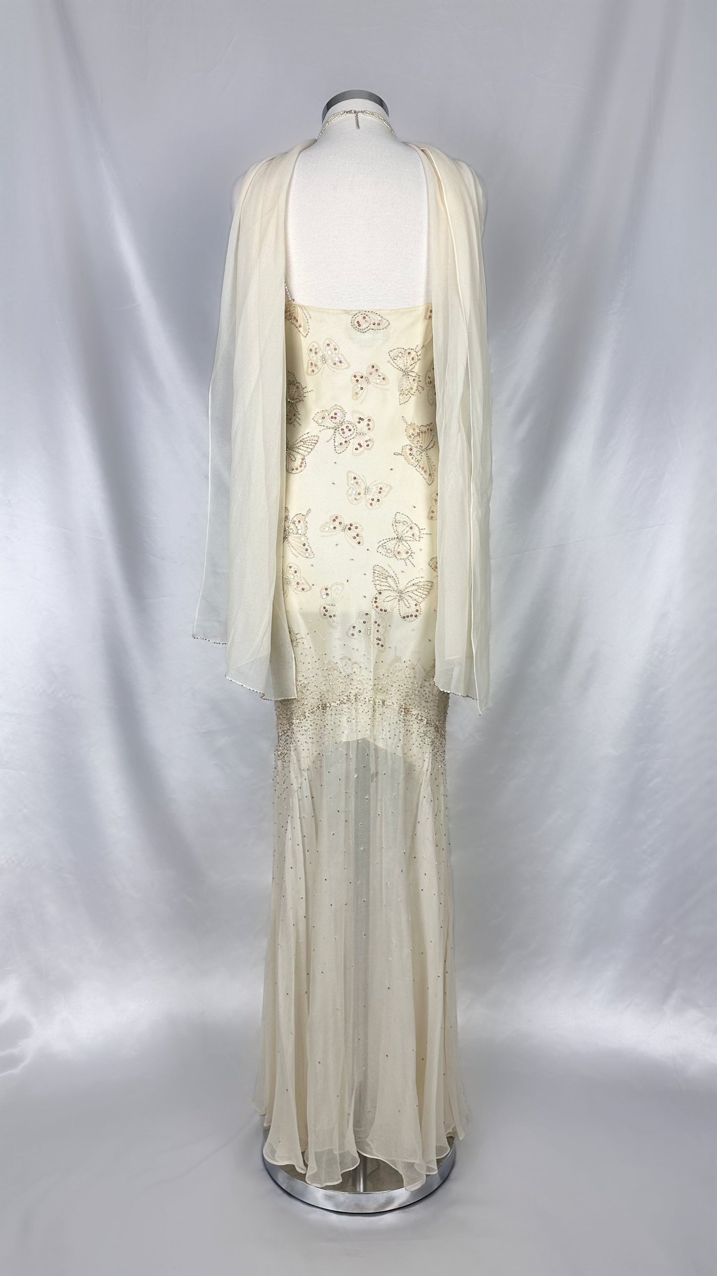 IVORY BUTTERFLY REVERIE EMBELLISHED GOWN WITH MATCHING SCARF